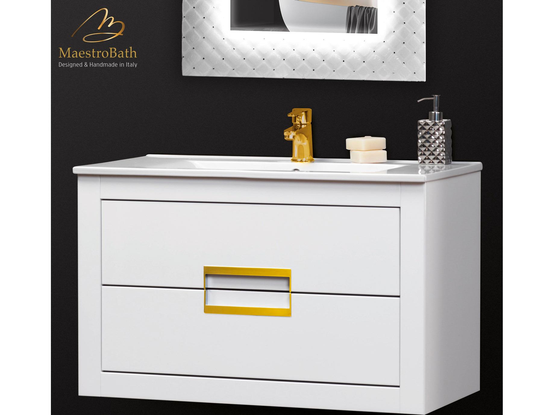Maestro BathIncantesimo 32" Modern Bathroom Vanity  White And Gold  Wall-Mounted  Glass Top: Integrated