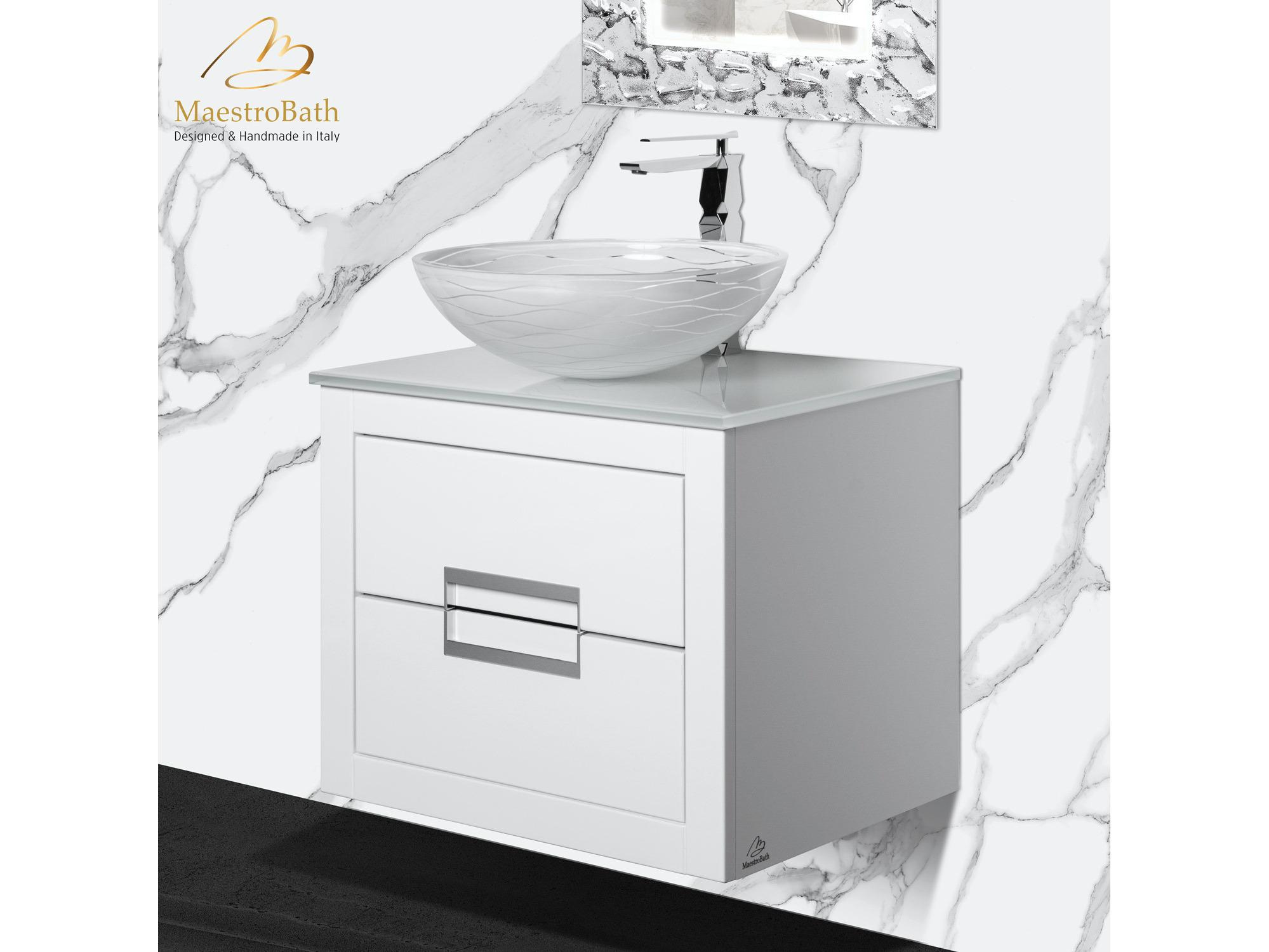 Maestro BathIncantesimo 24" Modern Bathroom Vanity  White And Silver  Wall-Mounted  Glass Top: Integrated