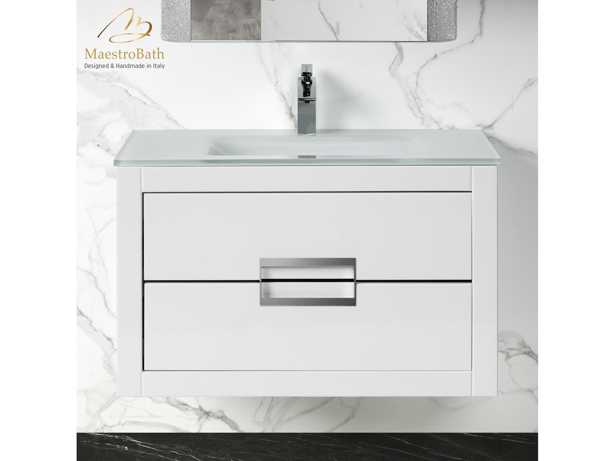 Maestro BathIncantesimo 32" Modern Bathroom Vanity  White And Silver  Wall-Mounted  Glass Top: Integrated