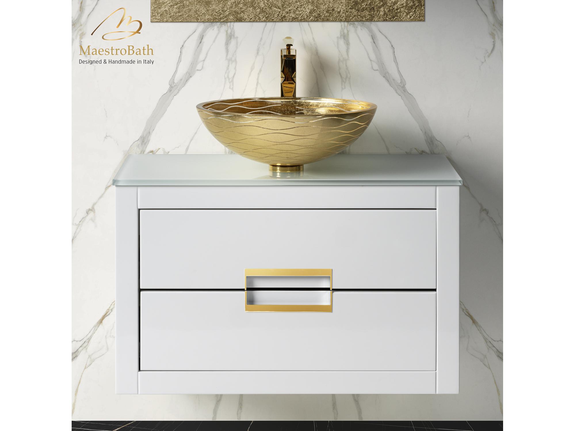 Maestro BathIncantesimo 32" Modern Bathroom Vanity  White And Gold  Wall-Mounted  Glass Top: Flat