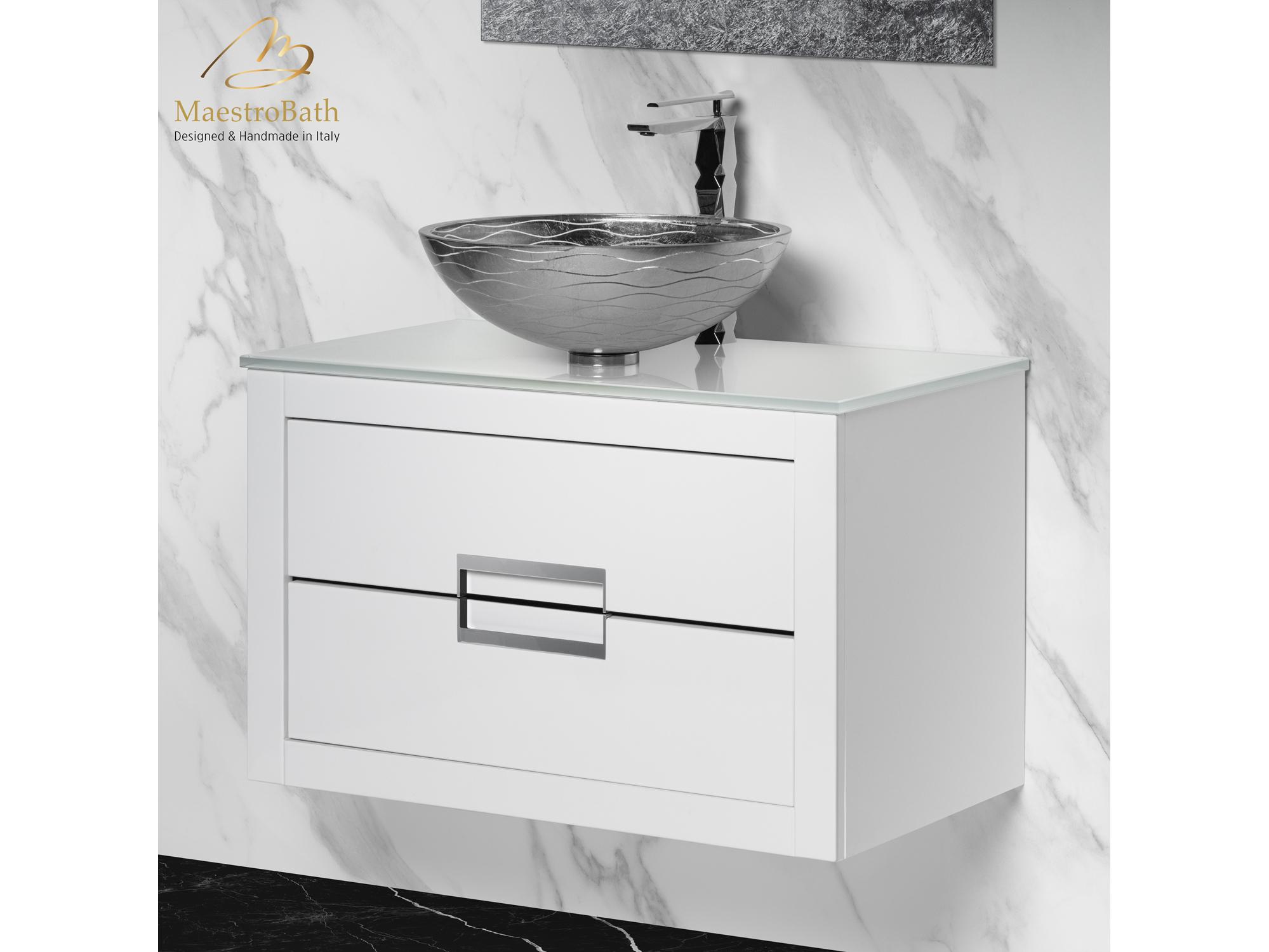 Maestro BathIncantesimo 32" Modern Bathroom Vanity  White And Silver  Wall-Mounted  Glass Top: Flat