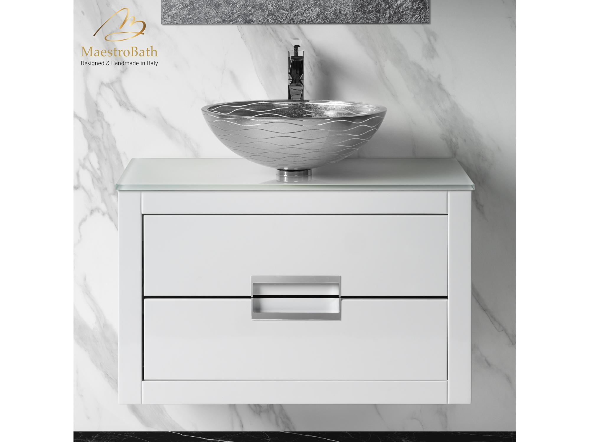 Maestro BathIncantesimo 32" Modern Bathroom Vanity  White And Silver  Wall-Mounted  Glass Top: Flat