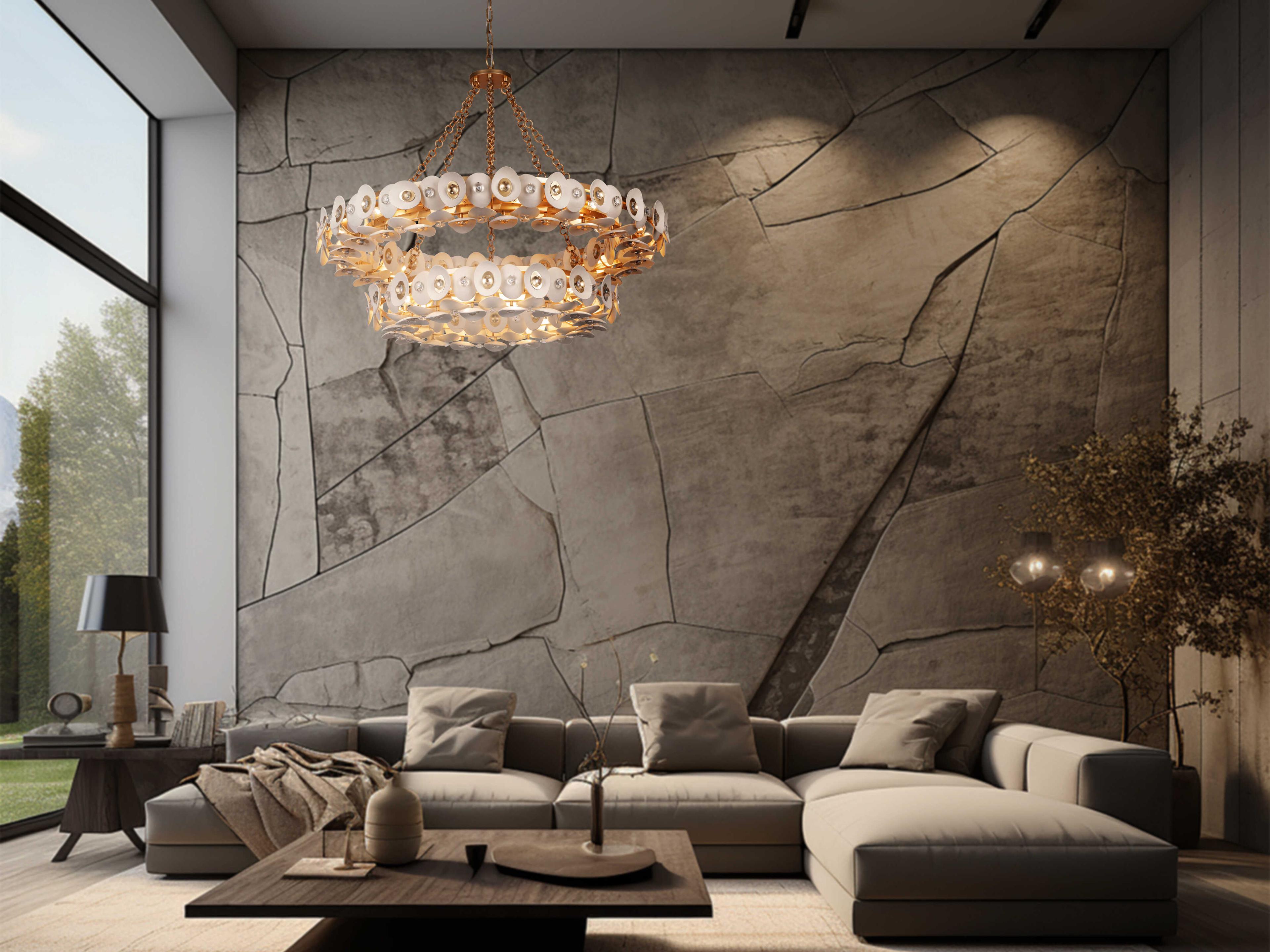 Metropolitan Niu 22-Light Coconut Shell Gold White Tiered Chandelier