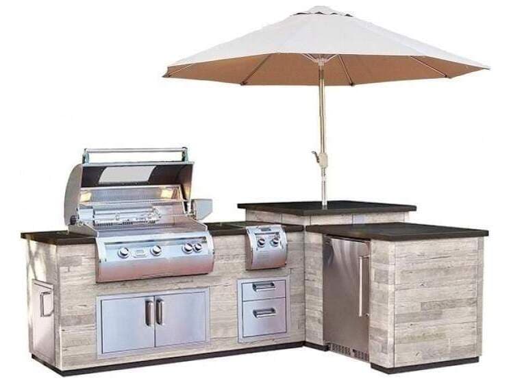 Fire Magic Pre-Fab L-Shaped Reclaimed Wood S.P. Island with Refrigerator