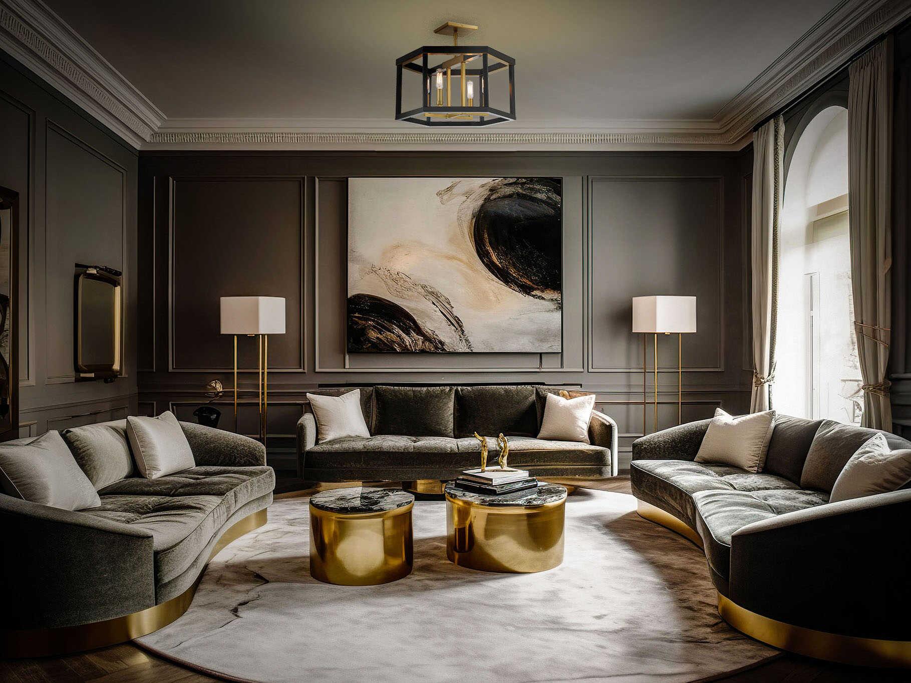 Minka Lavery Union Estates 4-Light Coal Soft Brass Black Geometric Semi Flush Mount