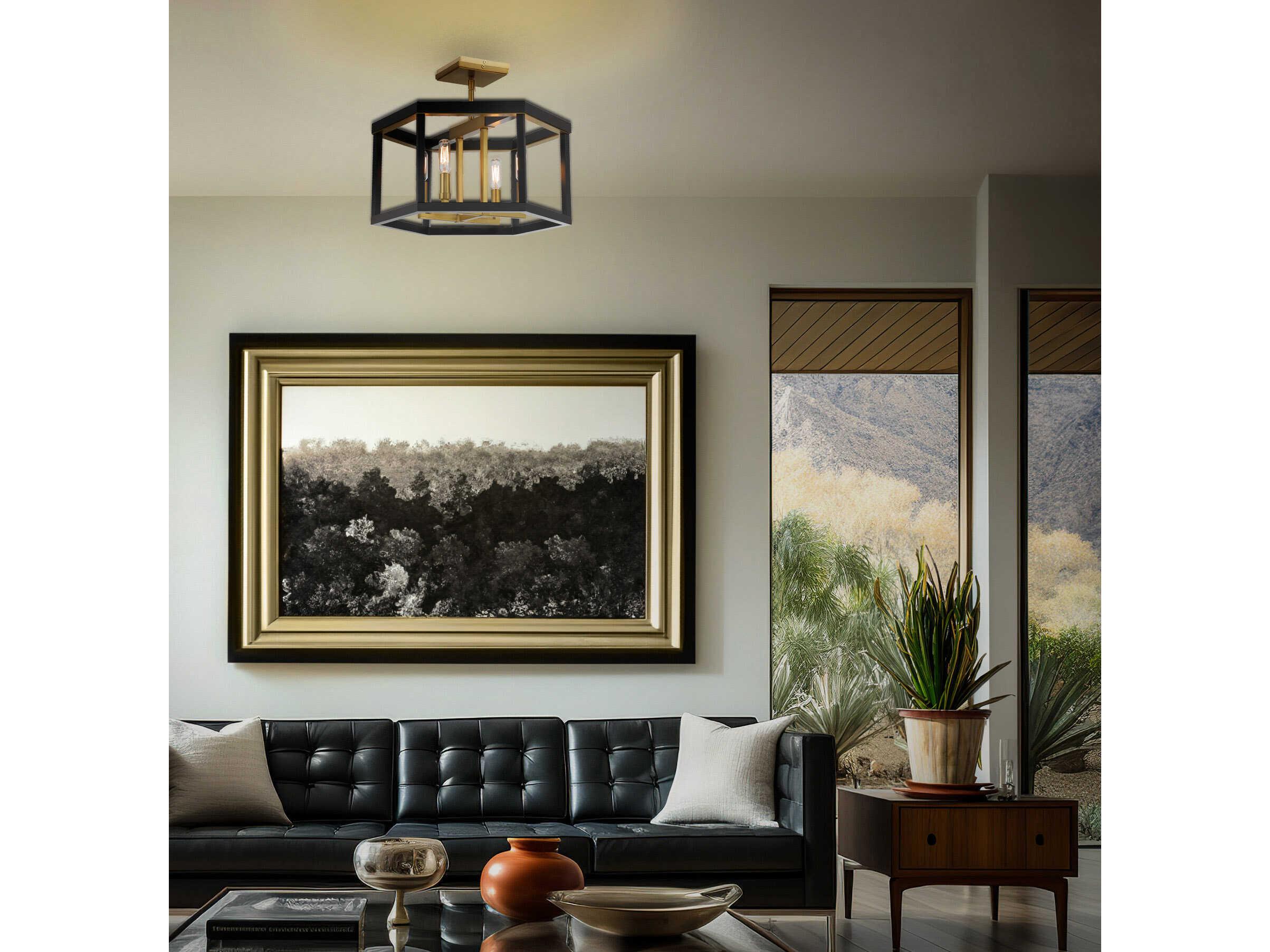 Minka Lavery Union Estates 4-Light Coal Soft Brass Black Geometric Semi Flush Mount