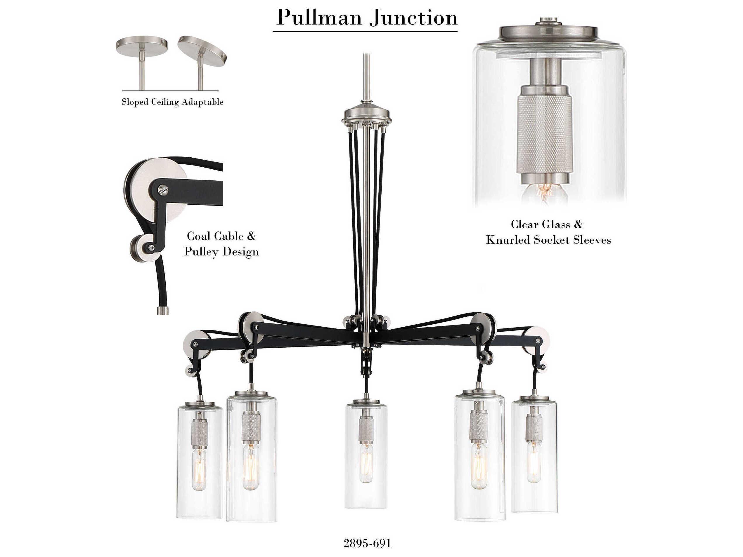 Minka Lavery Pullman Junction 5-Light Coal Brushed Nickel Black Glass Cylinder Chandelier