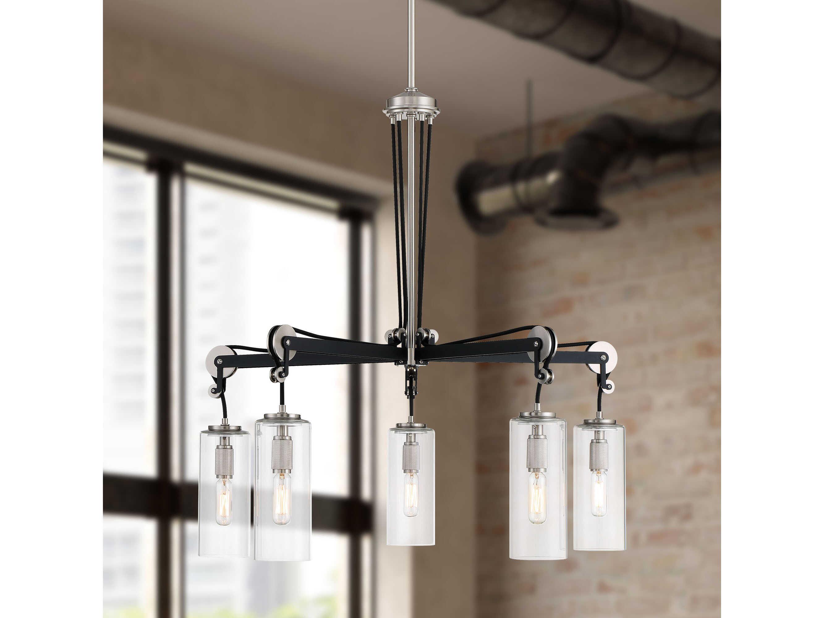 Minka Lavery Pullman Junction 5-Light Coal Brushed Nickel Black Glass Cylinder Chandelier