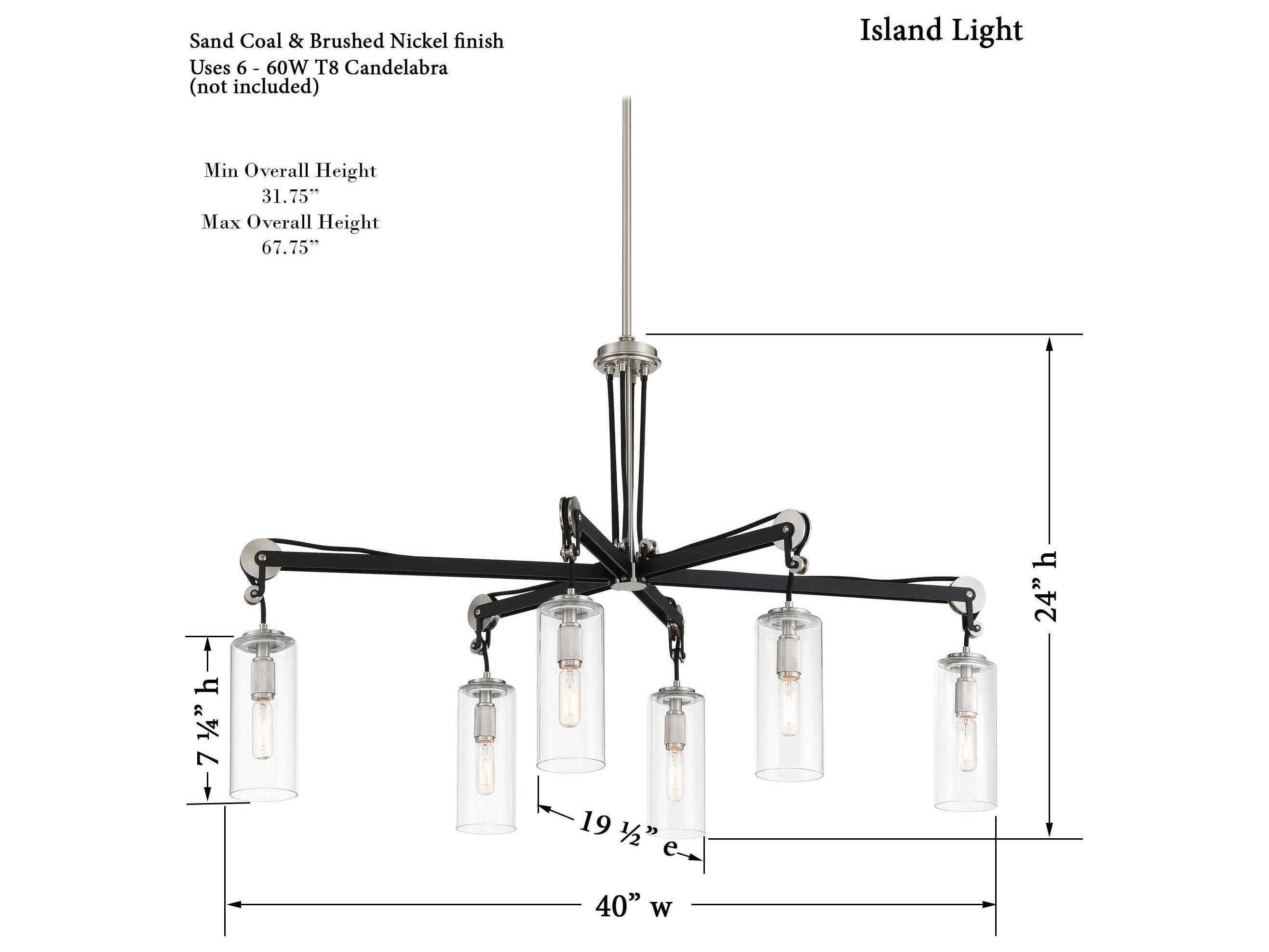 Minka Lavery Pullman Junction 6-Light Coal Brushed Nickel Black Glass Cylinder Island Pendant