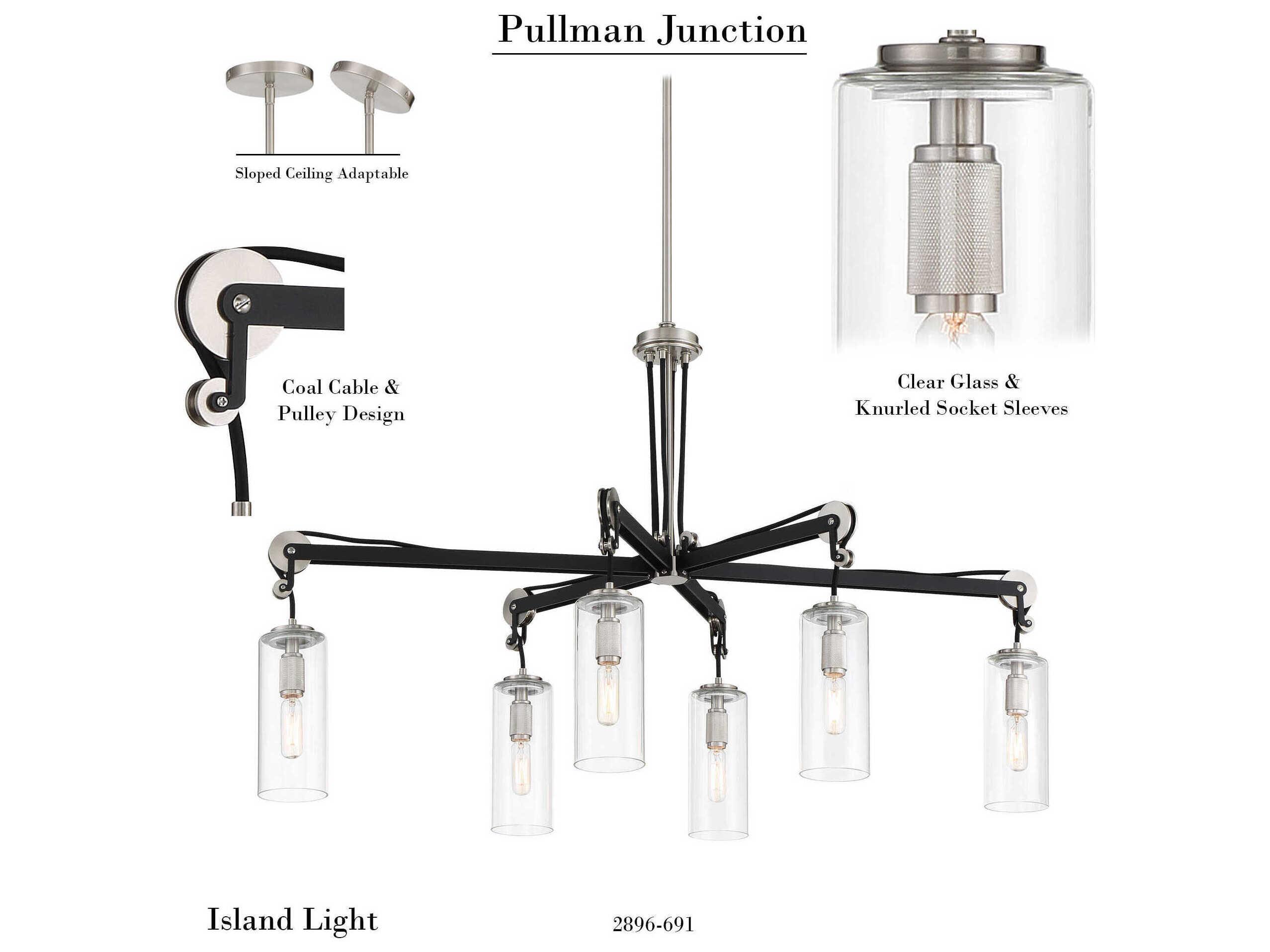 Minka Lavery Pullman Junction 6-Light Coal Brushed Nickel Black Glass Cylinder Island Pendant