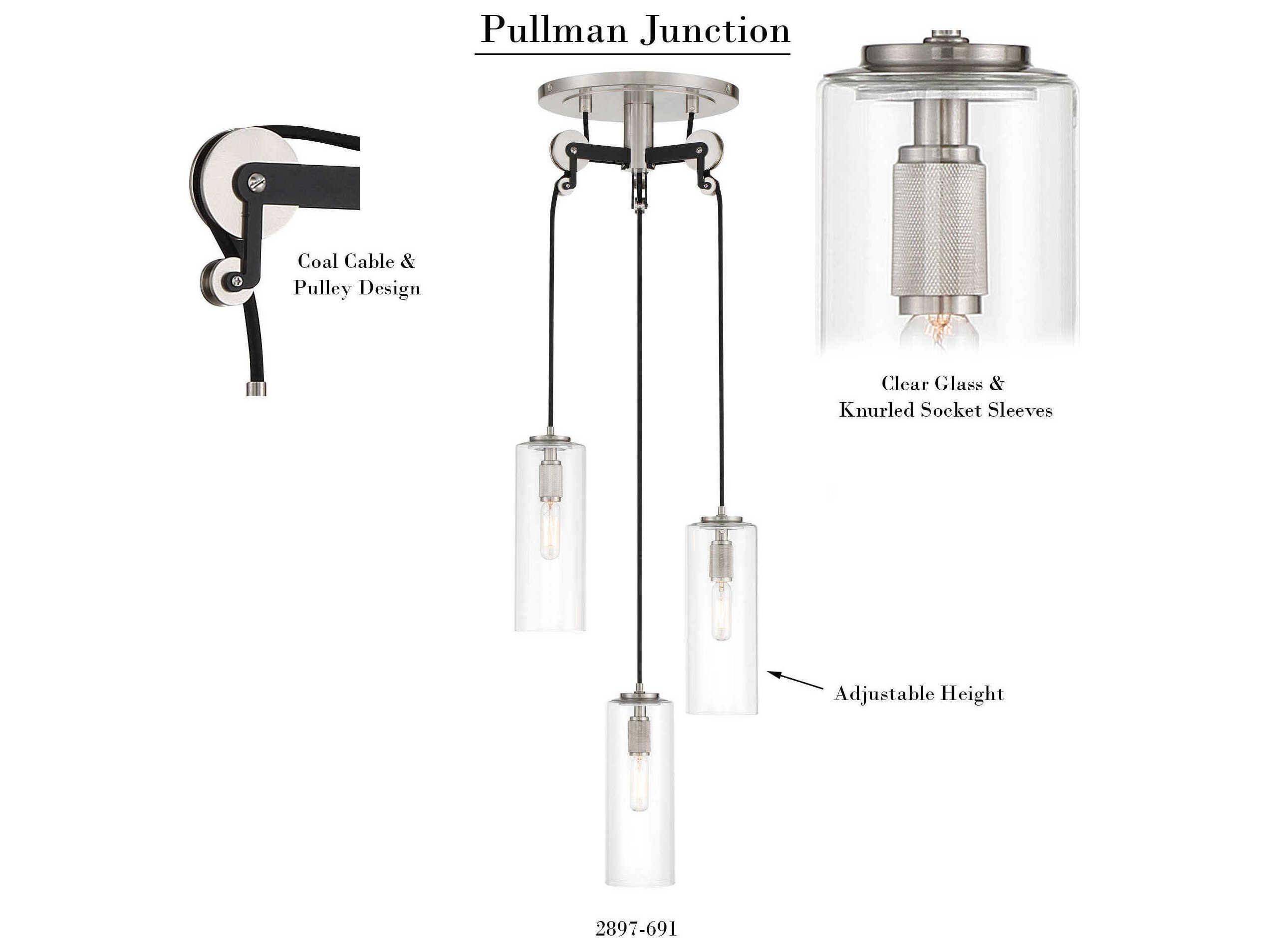 Minka Lavery Pullman Junction 3-Light Coal Brushed Nickel Black Glass Cylinder Pendant