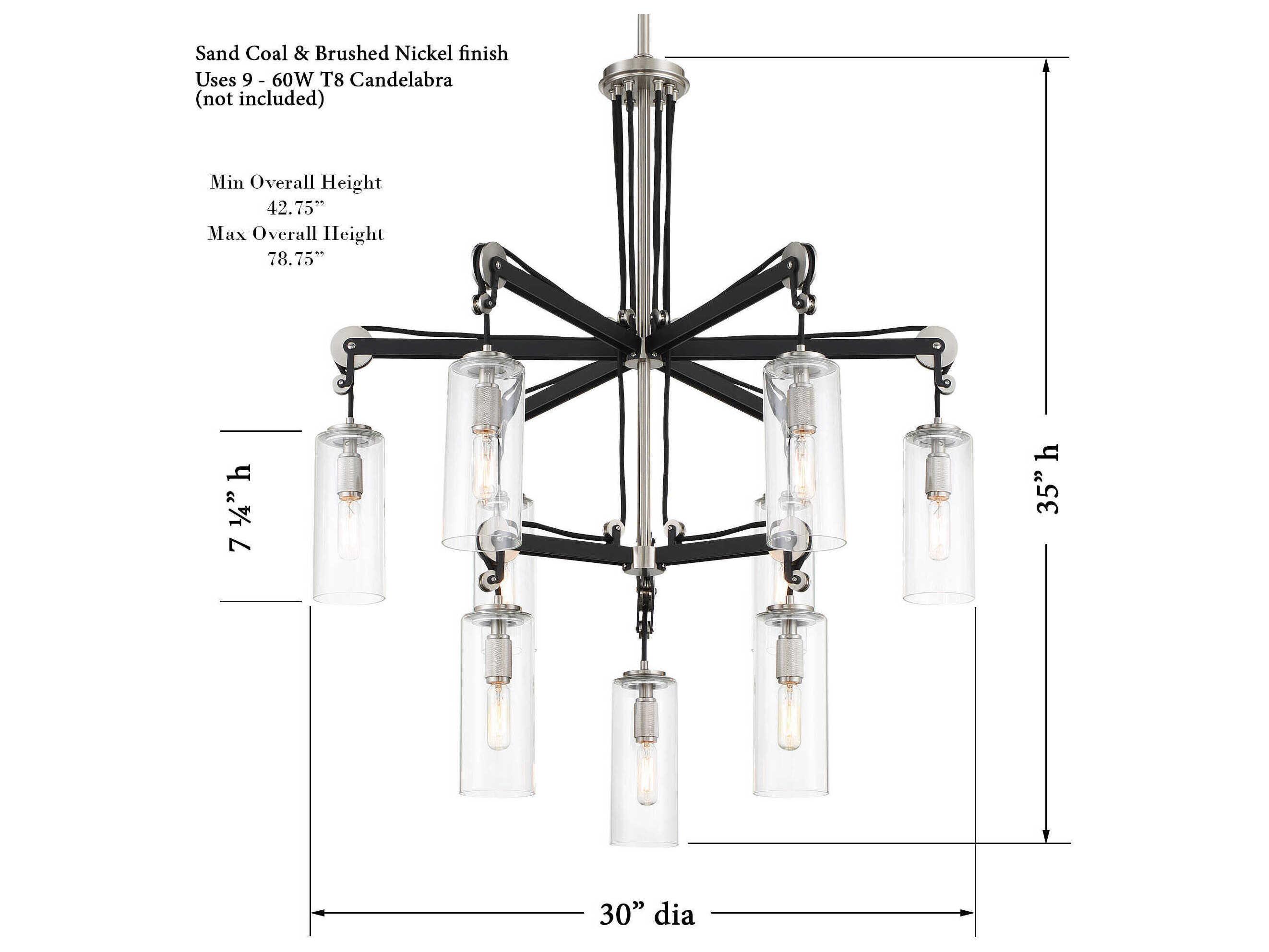 Minka Lavery Pullman Junction 9-Light Coal Brushed Nickel Black Glass Cylinder Chandelier