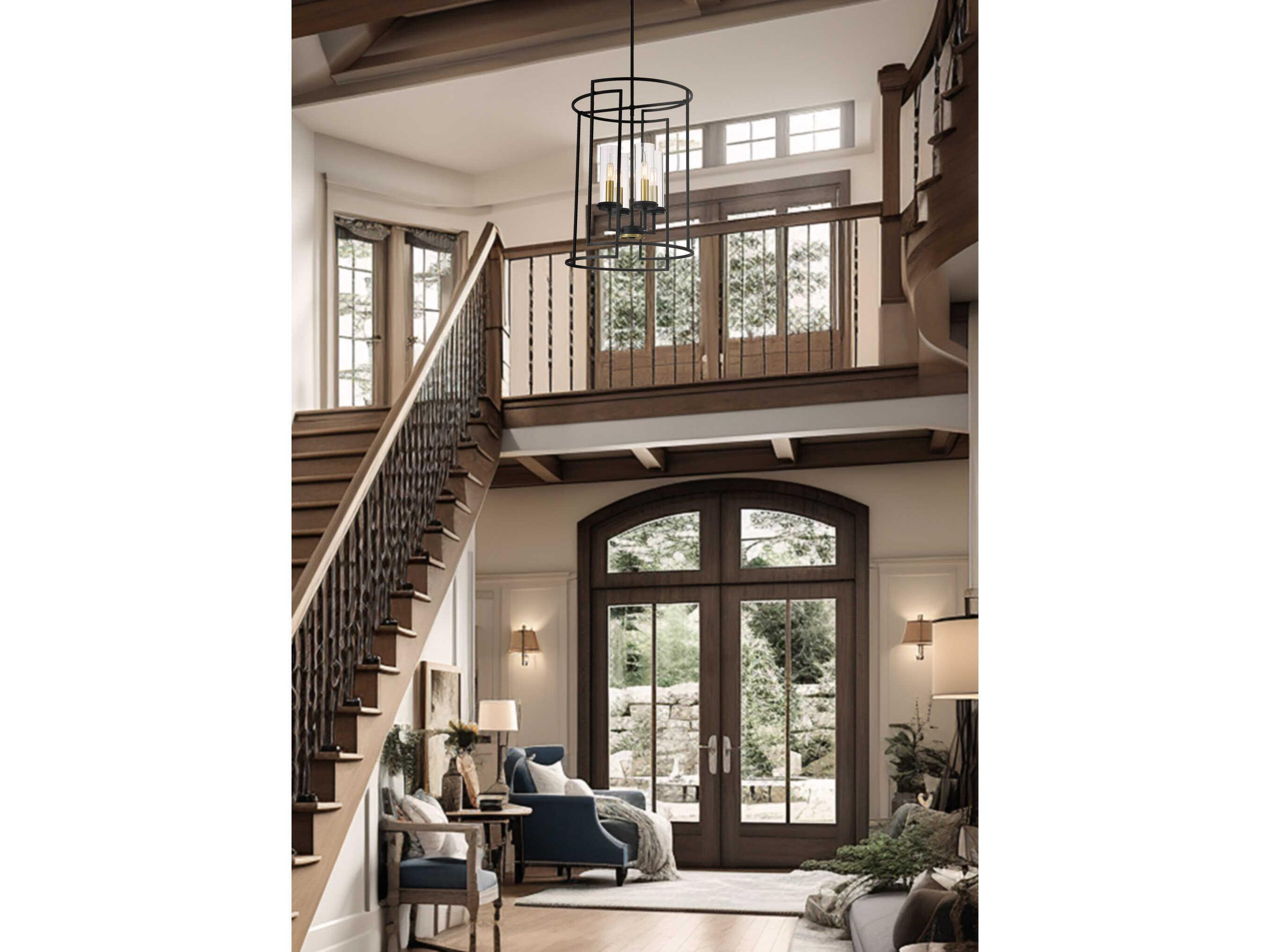 Minka Lavery Hillstone 4-Light Sand Coal Soft Brass Black Glass Pendant