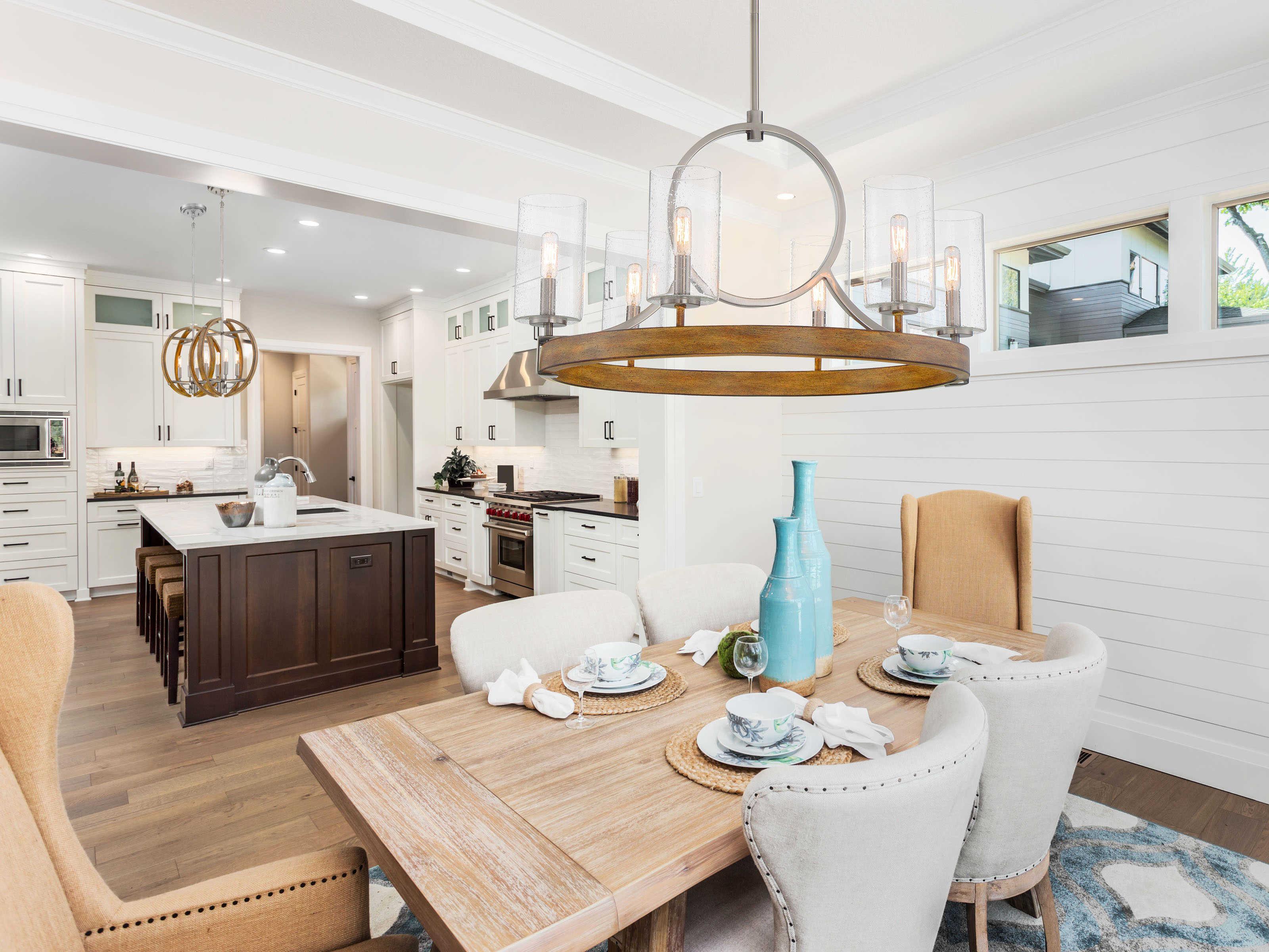 Minka Lavery Country Estates 4-Light Sun Faded Wood Brushed Nickel Brown Globe Linear Chandelier