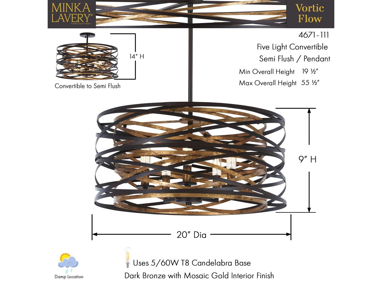 Minka Lavery Vortic Flow 5-Light Dark Bronze Mosaic Gold Semi Flush Mount