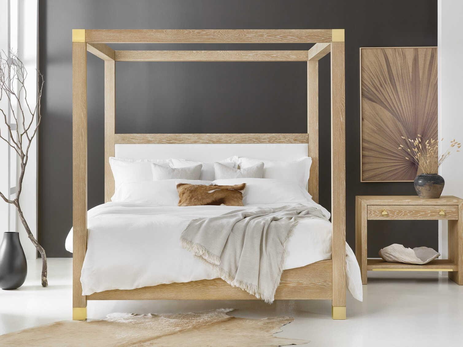 Modern History Home Ventura Beige Oak Wood King Canopy Bed