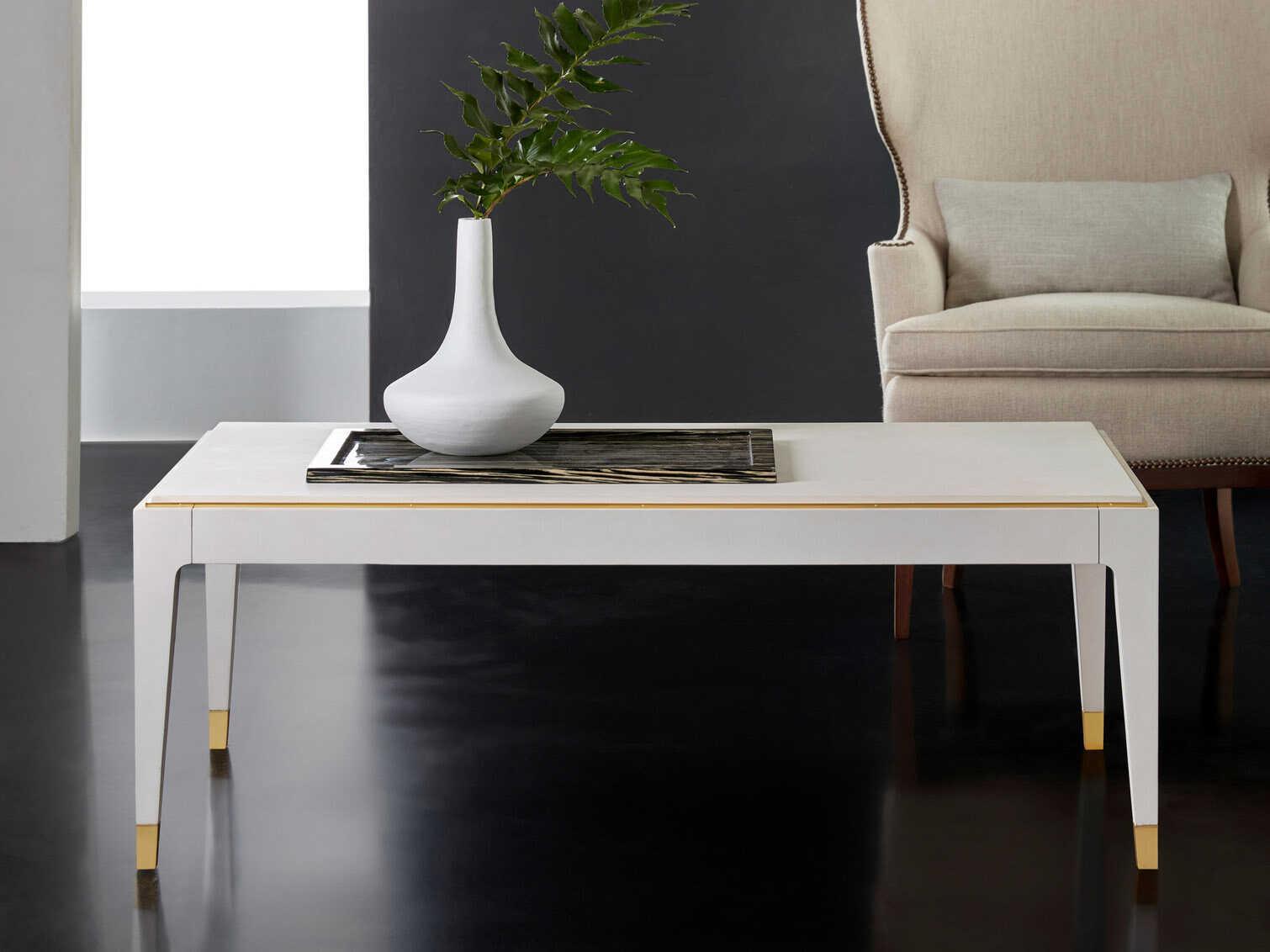 Modern History Home Minimal Rectangular Wood White Linen Textured Painted Coffee Table