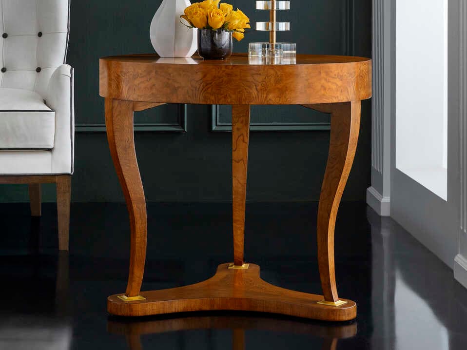 Modern History Home Burl Round Wood Gold Leaf End Table