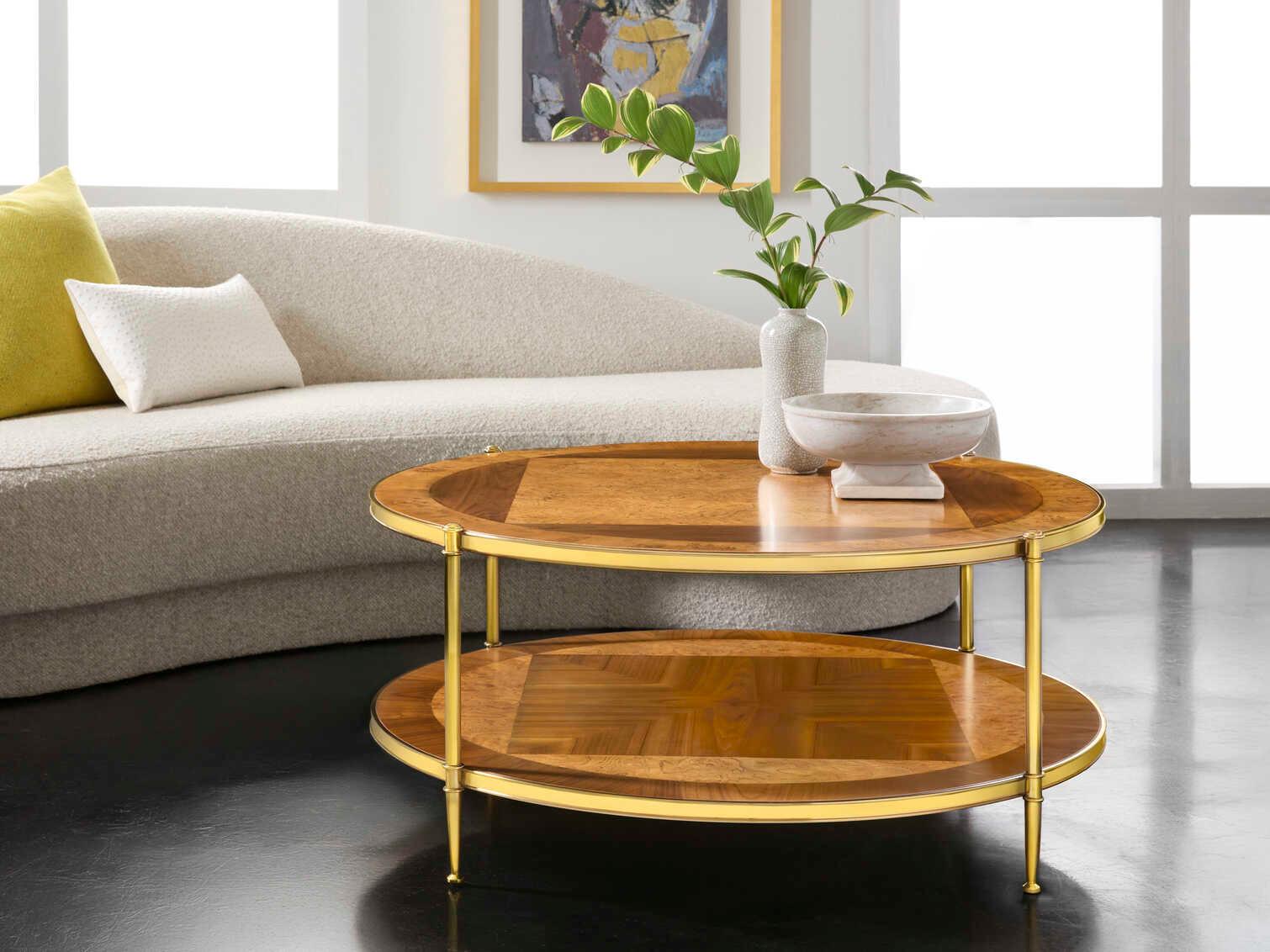 Modern History Home Oak Burl & Walnut Round Wood Coffee Table