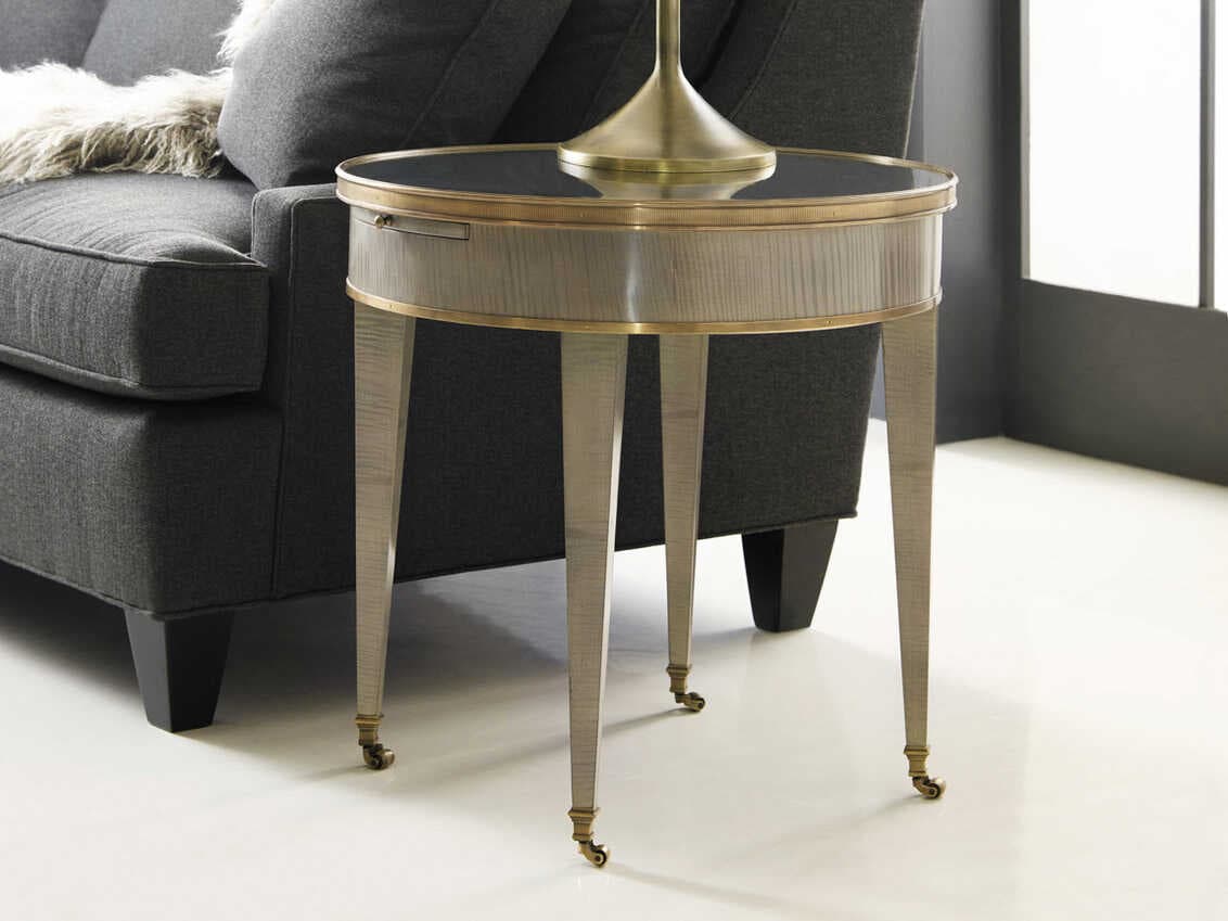 Modern History Home Tuxedo Round Mirror Grey Sycamore End Table