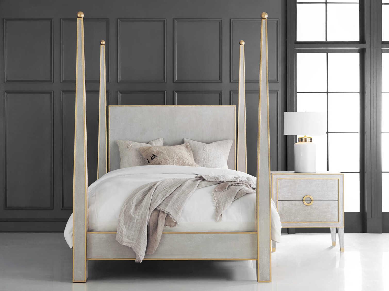 Modern History Home Gustavian Antique Grey Gold Leaf Wood Queen Four Poster Bed