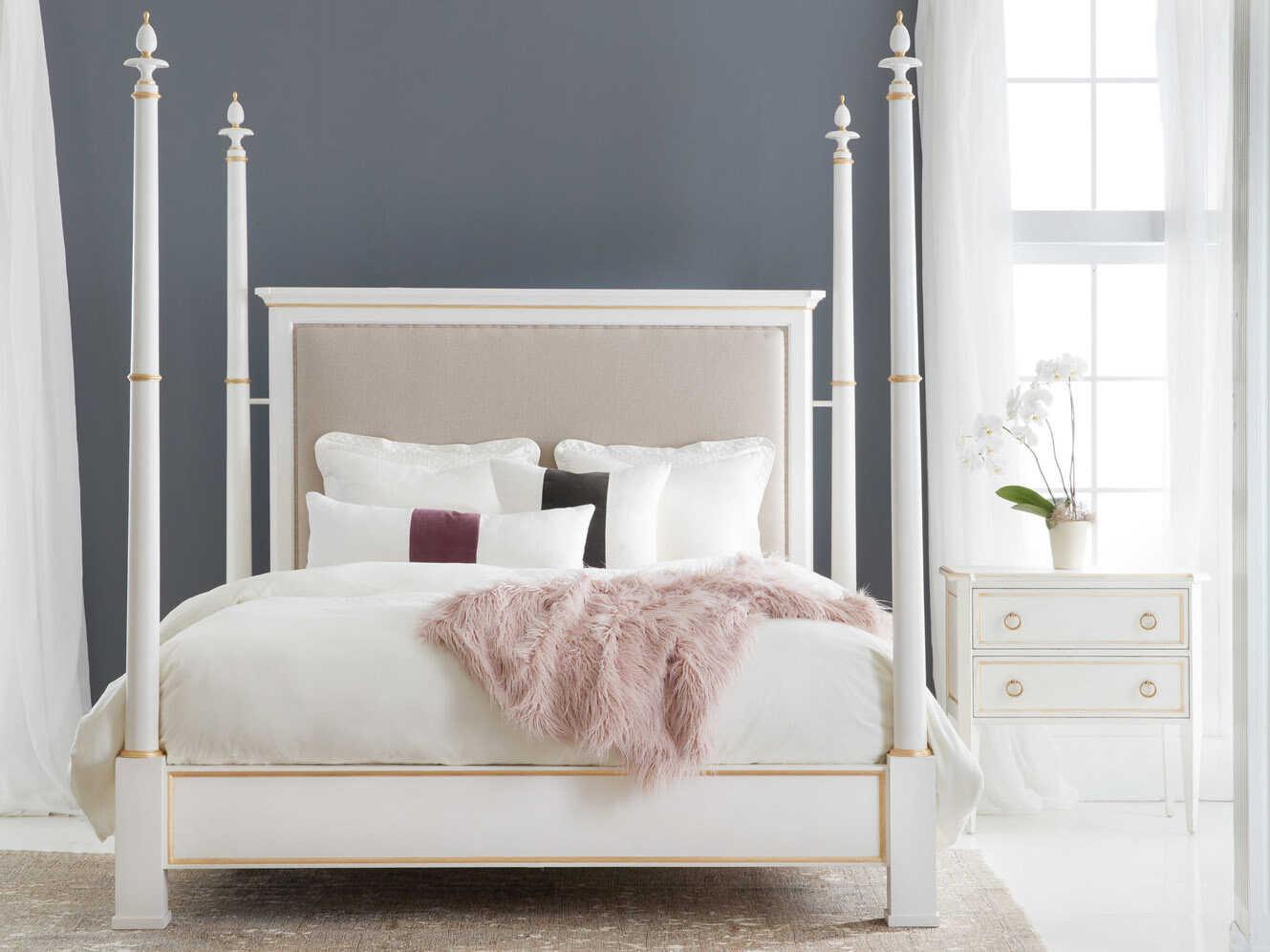 Modern History Home Covington Brushed White Painted Upholstered Queen Poster Bed