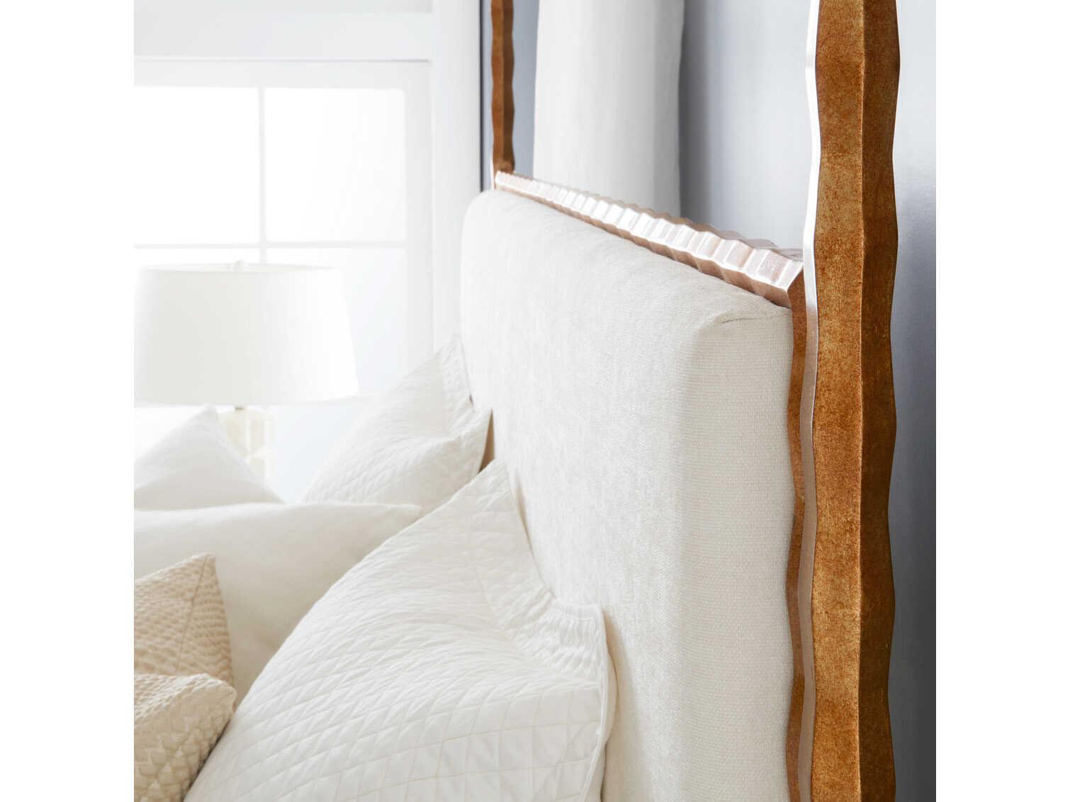 Modern History Home Organic Antiqued Gold Leaf Upholstered Queen Canopy Bed