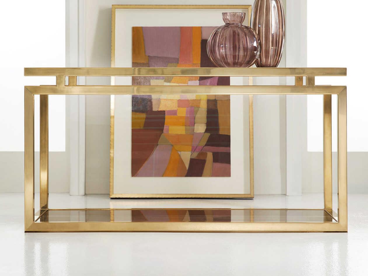 Modern History Home Rectangular Glass Satin Brass Lacquered Plated Console Table