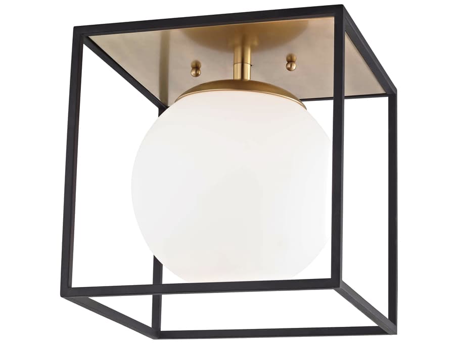 Mitzi Aira 1-Light Aged Brass Black Glass Globe Flush Mount