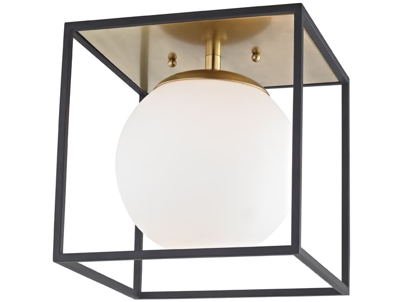 Mitzi Aira 1-Light Aged Brass Black Glass Globe Flush Mount