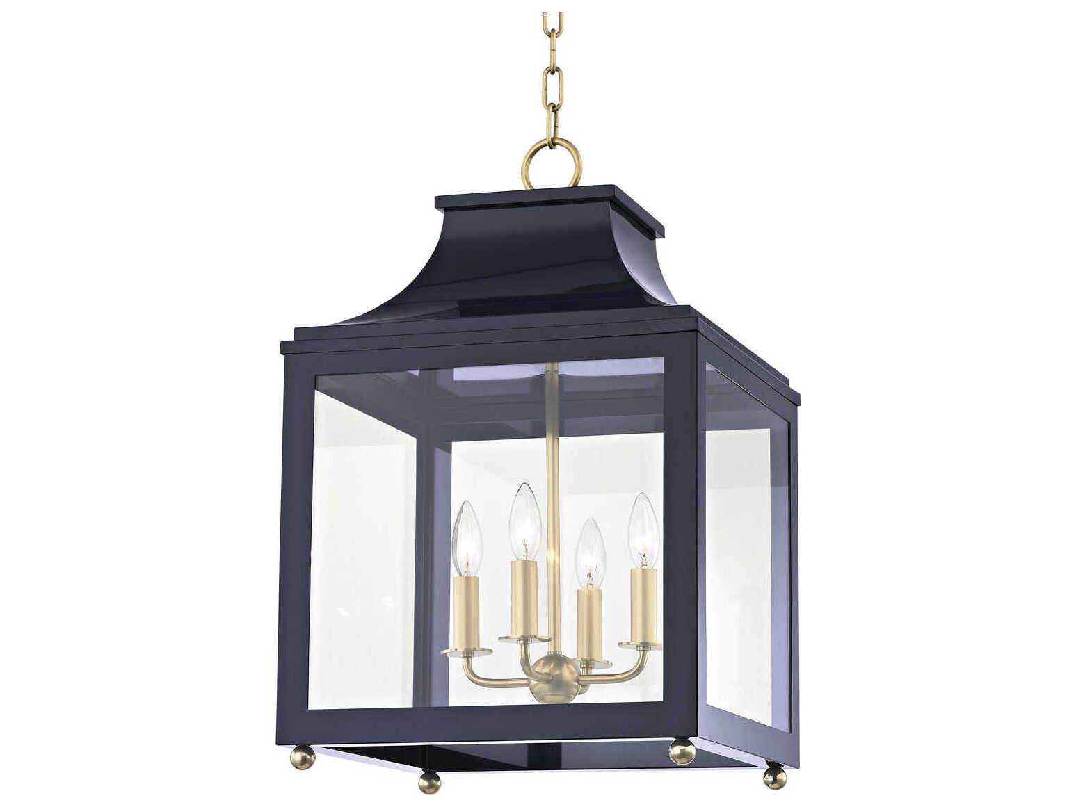 Mitzi Leigh 4-Light Aged Brass Navy Blue Glass Candelabra Lantern Chandelier