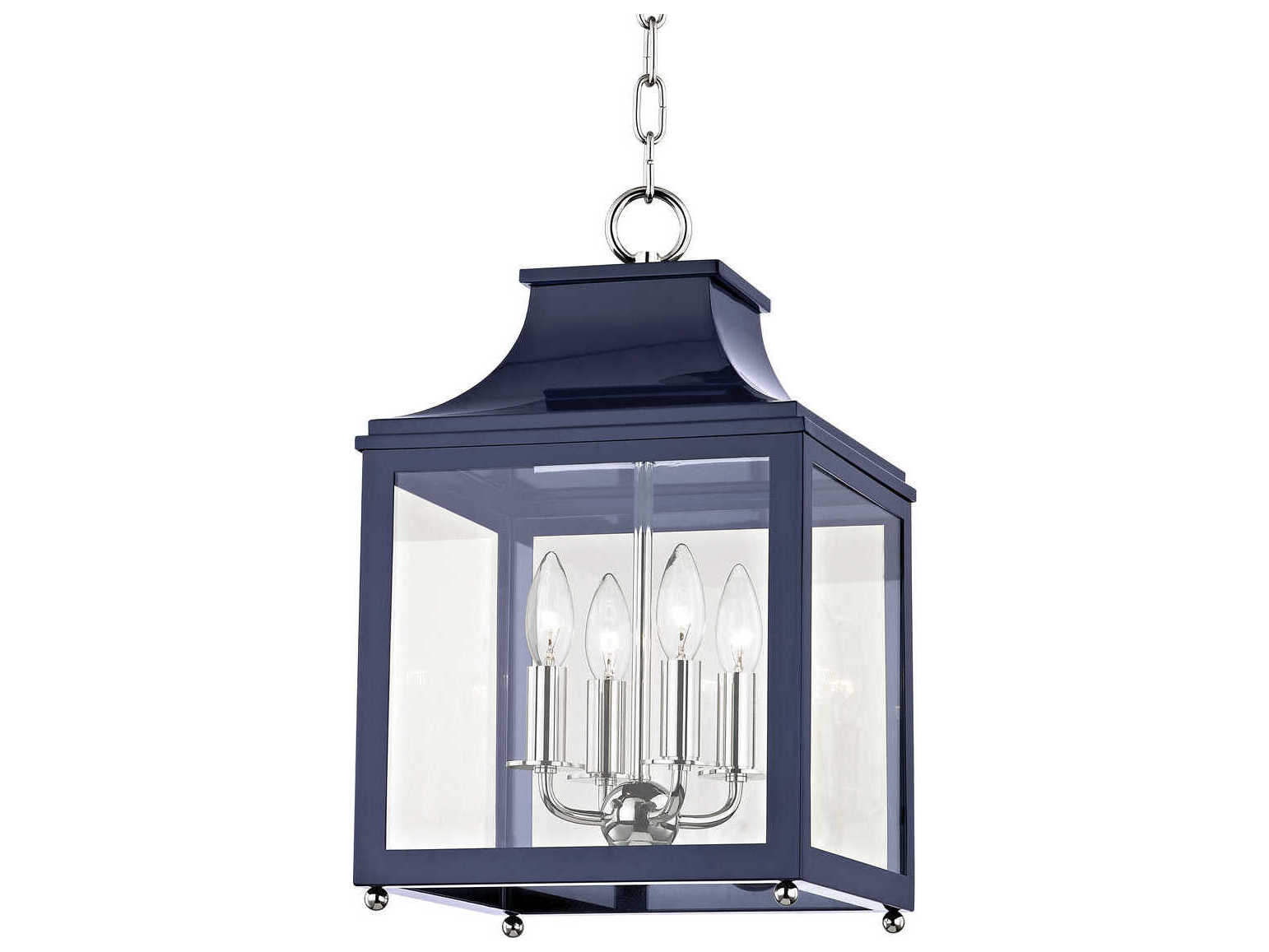 Mitzi Leigh 4-Light Polished Nickel Navy Blue Glass Candelabra Lantern Chandelier