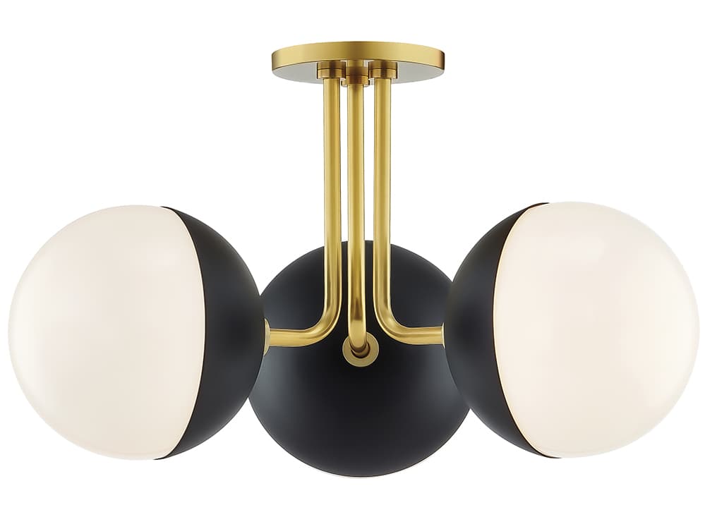 Mitzi Renee 3-Light Aged Brass Black Glass Globe Semi Flush Mount
