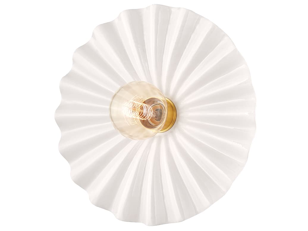 Mitzi Tinsley 1-Light Aged Brass Ceramic Gloss Cream White Round Flush Mount