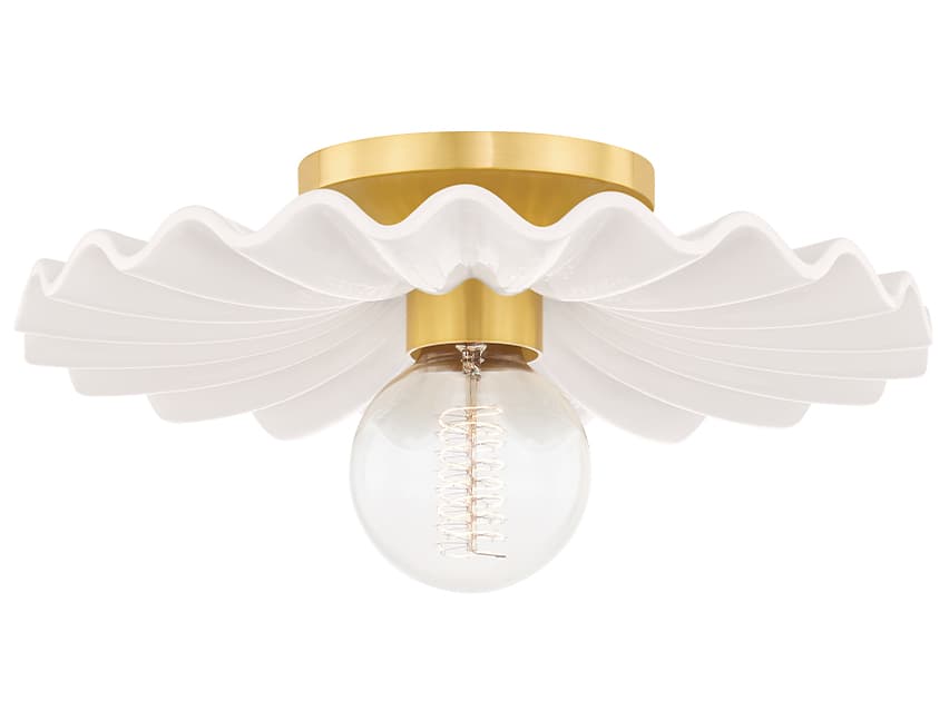 Mitzi Tinsley 1-Light Aged Brass Ceramic Gloss Cream White Round Flush Mount