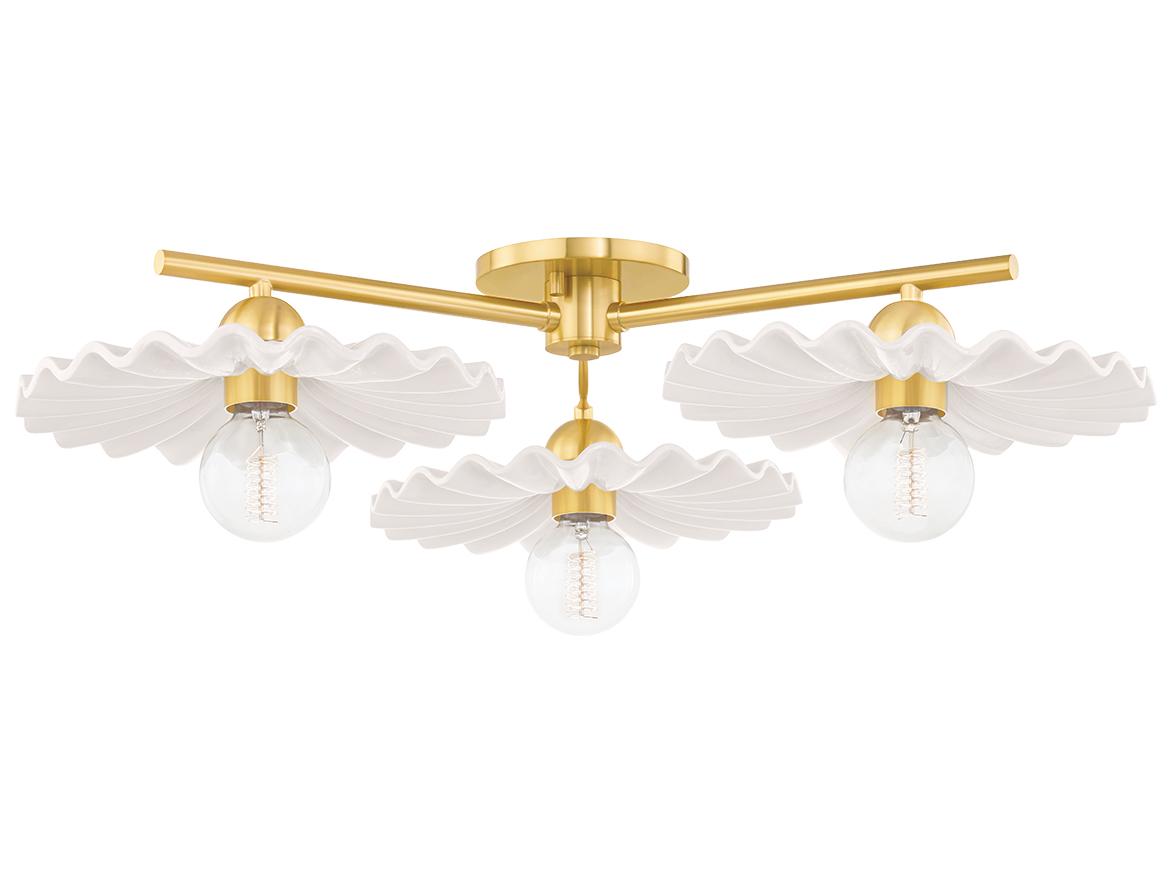 Mitzi Tinsley 3-Light Aged Brass Ceramic Gloss Cream White Round Semi Flush Mount