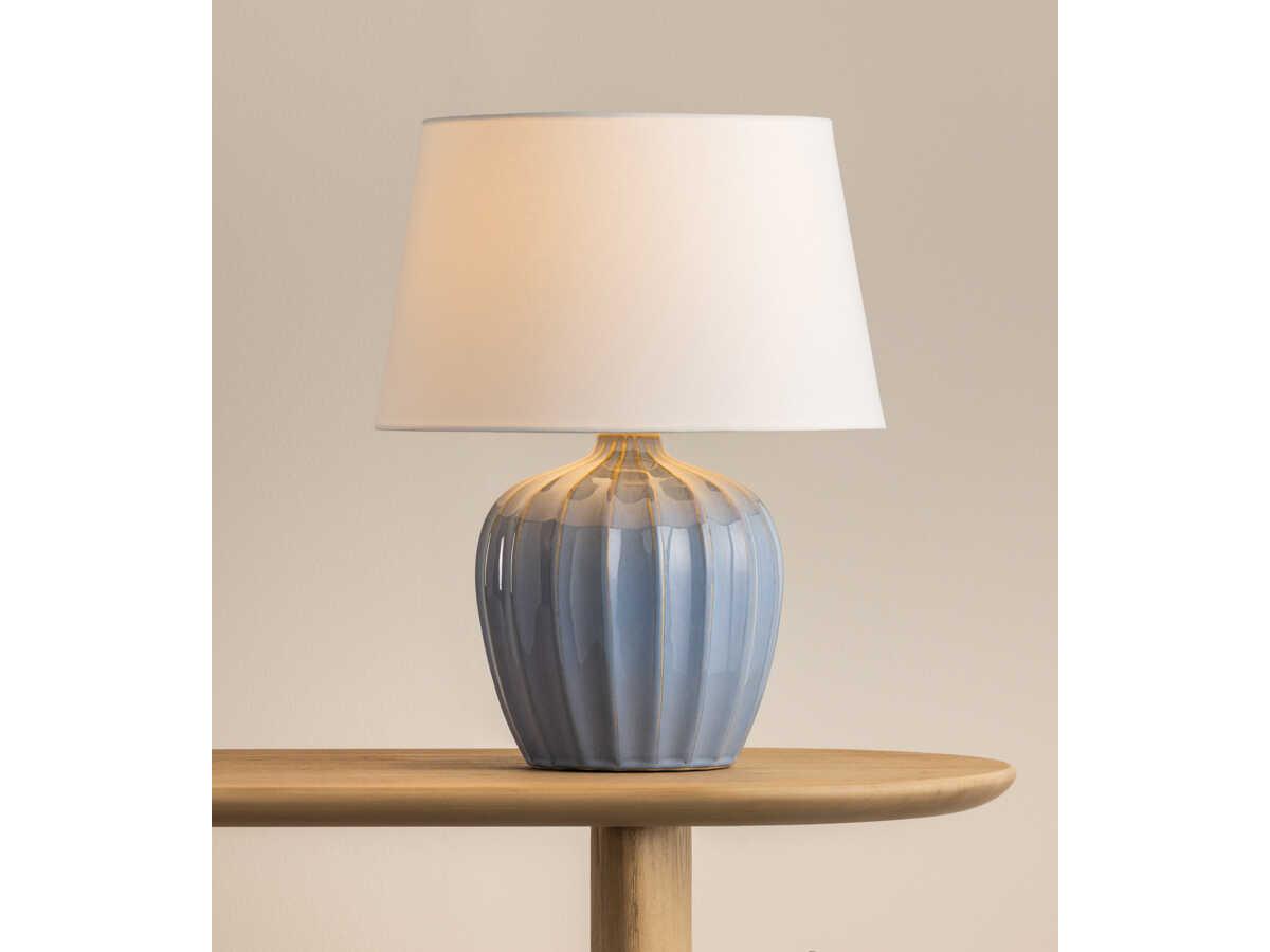 Mitzi Myla Aged Brass Ceramic Spring Lake White Linen Fabric Blue Table Lamp