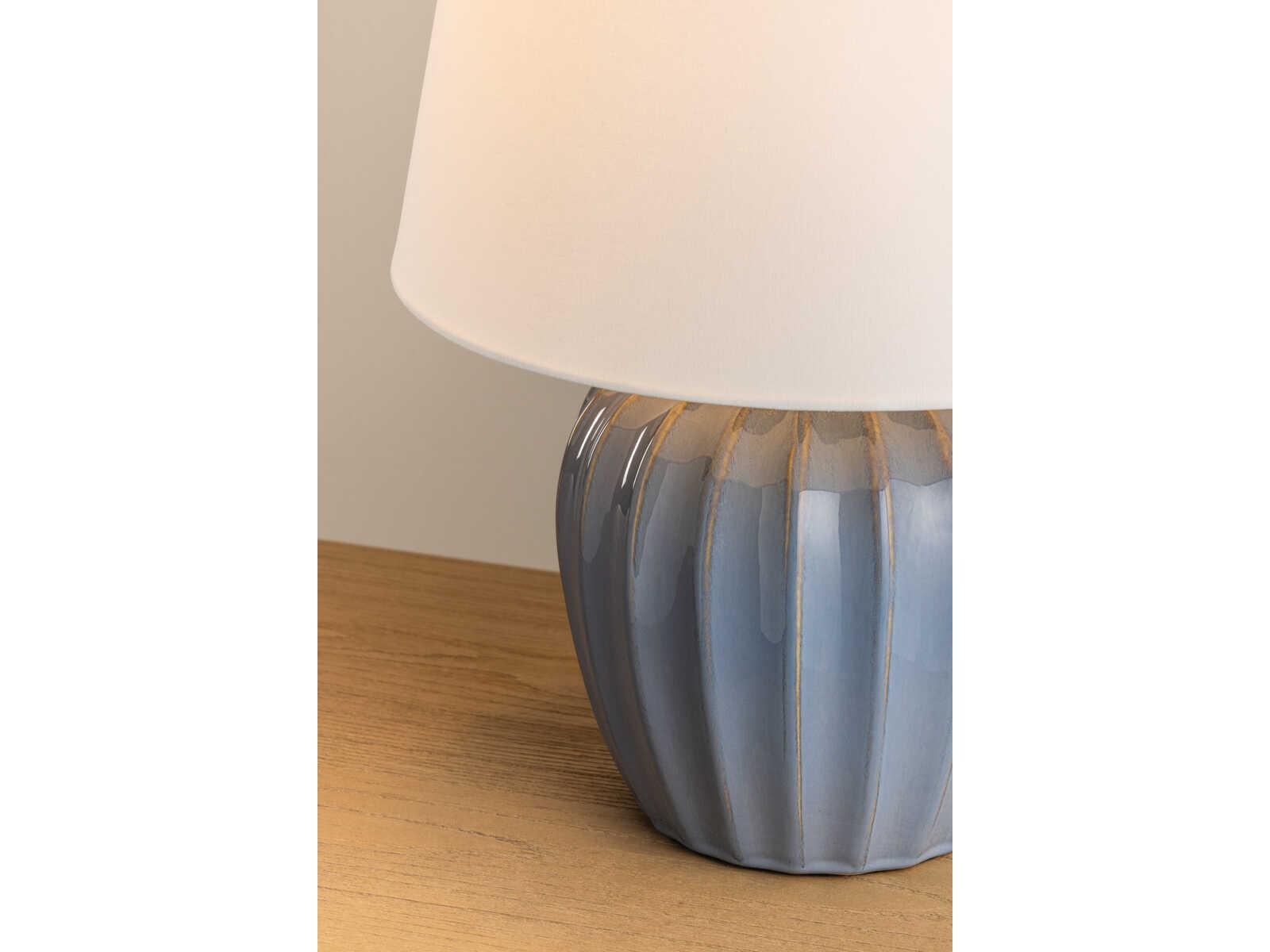 Mitzi Myla Aged Brass Ceramic Spring Lake White Linen Fabric Blue Table Lamp