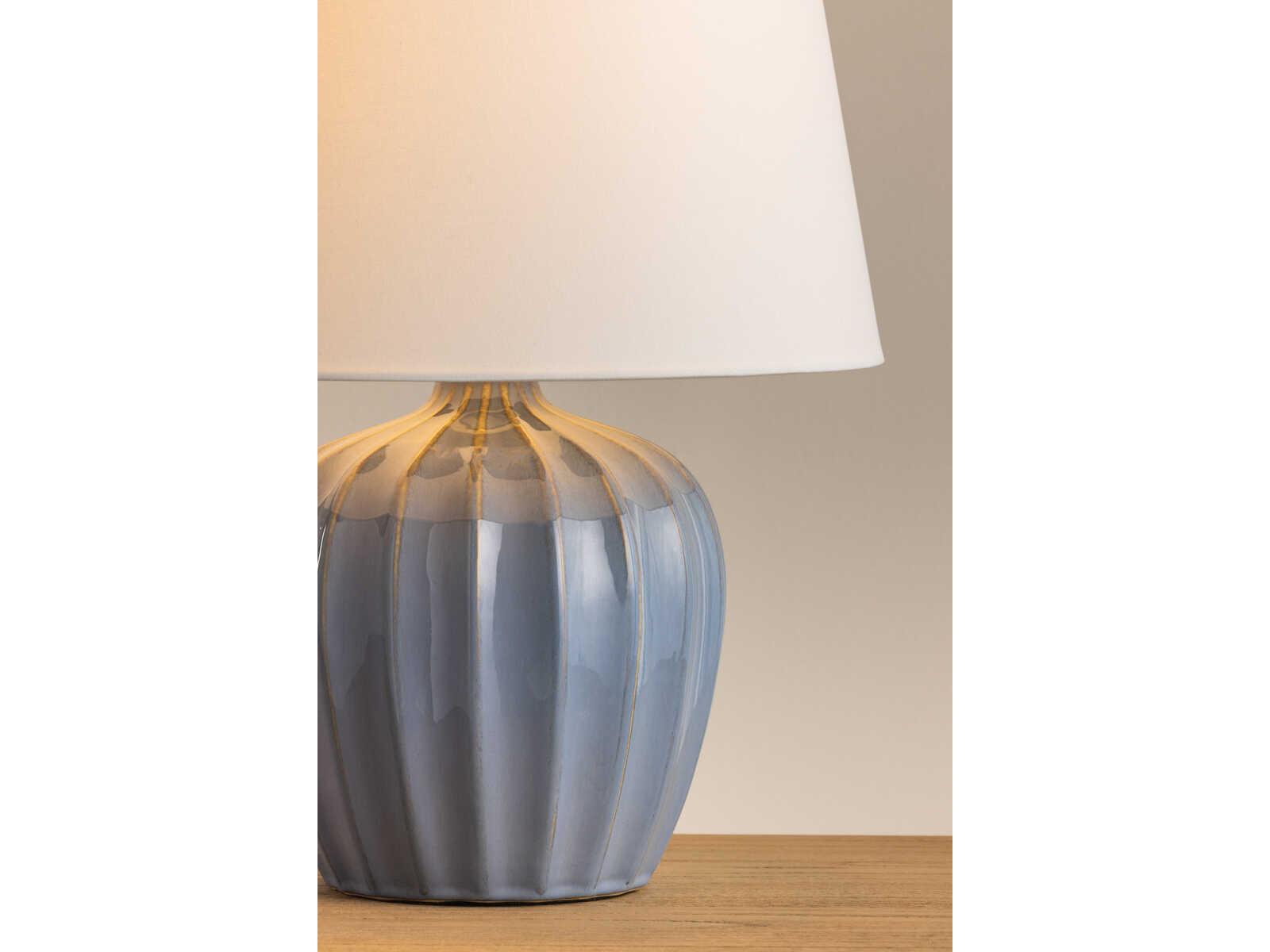 Mitzi Myla Aged Brass Ceramic Spring Lake White Linen Fabric Blue Table Lamp