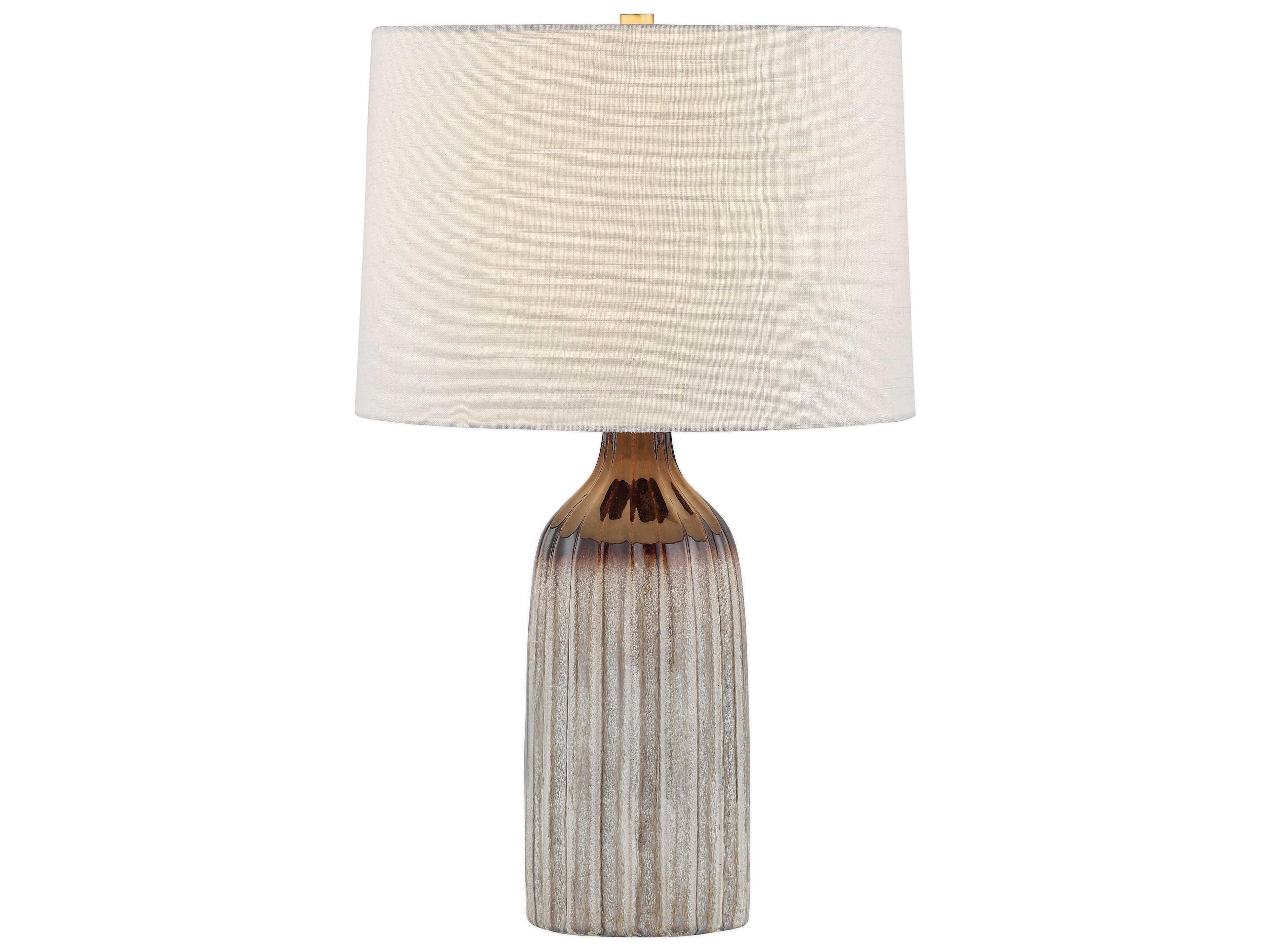 Mitzi Raisa Aged Brass Ceramic Affogato Textured Linen Fabric Gray Buffet Lamp