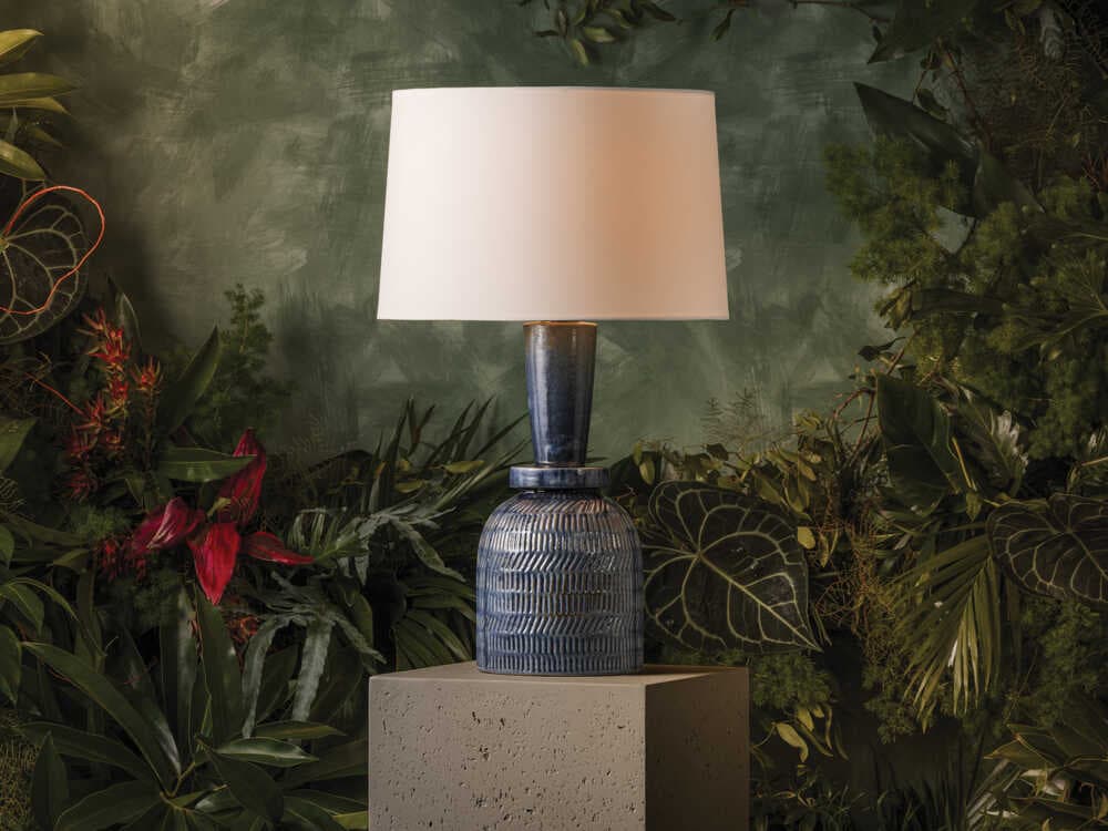 Mitzi Mandy Cheng Russo Aged Brass Ceramic Washed Cobalt White Linen Fabric Blue Buffet Lamp