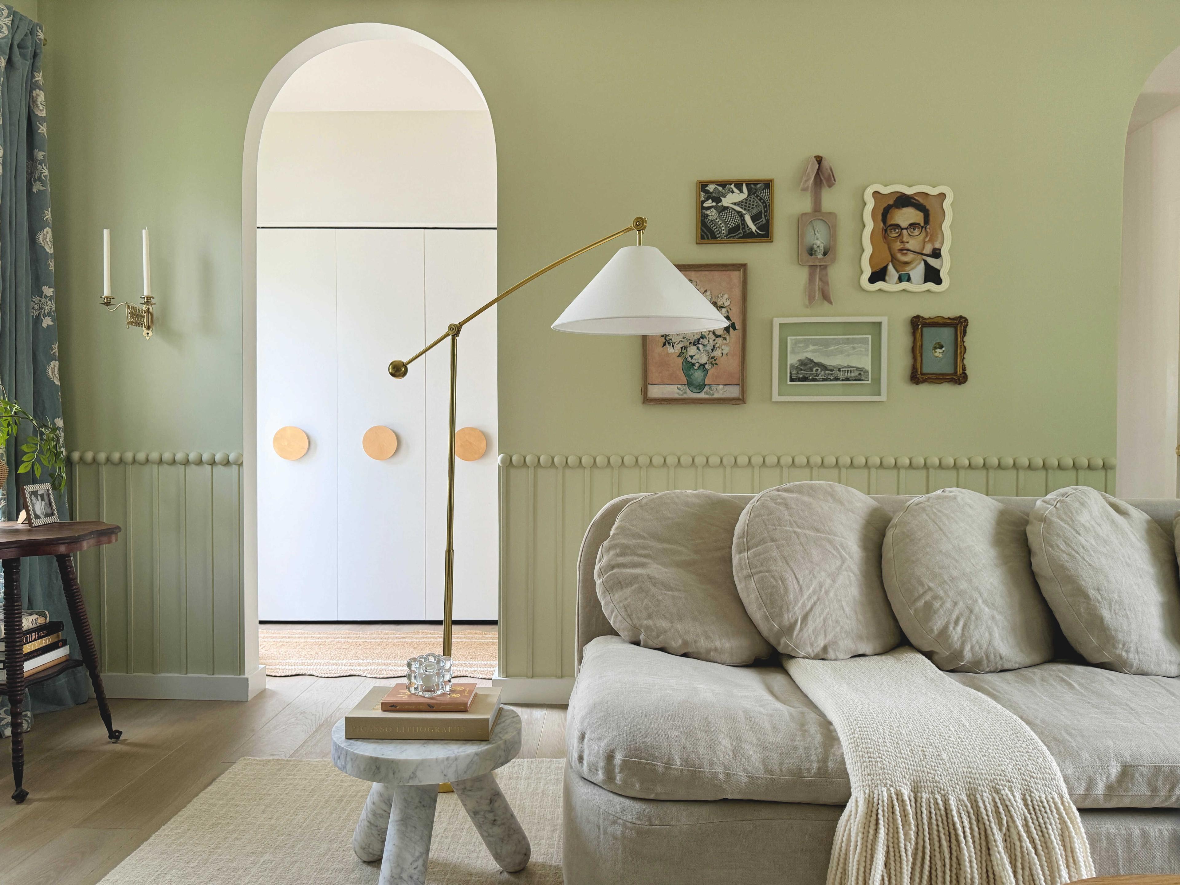 Mitzi Birdie Aged Brass White Linen Floor Lamp