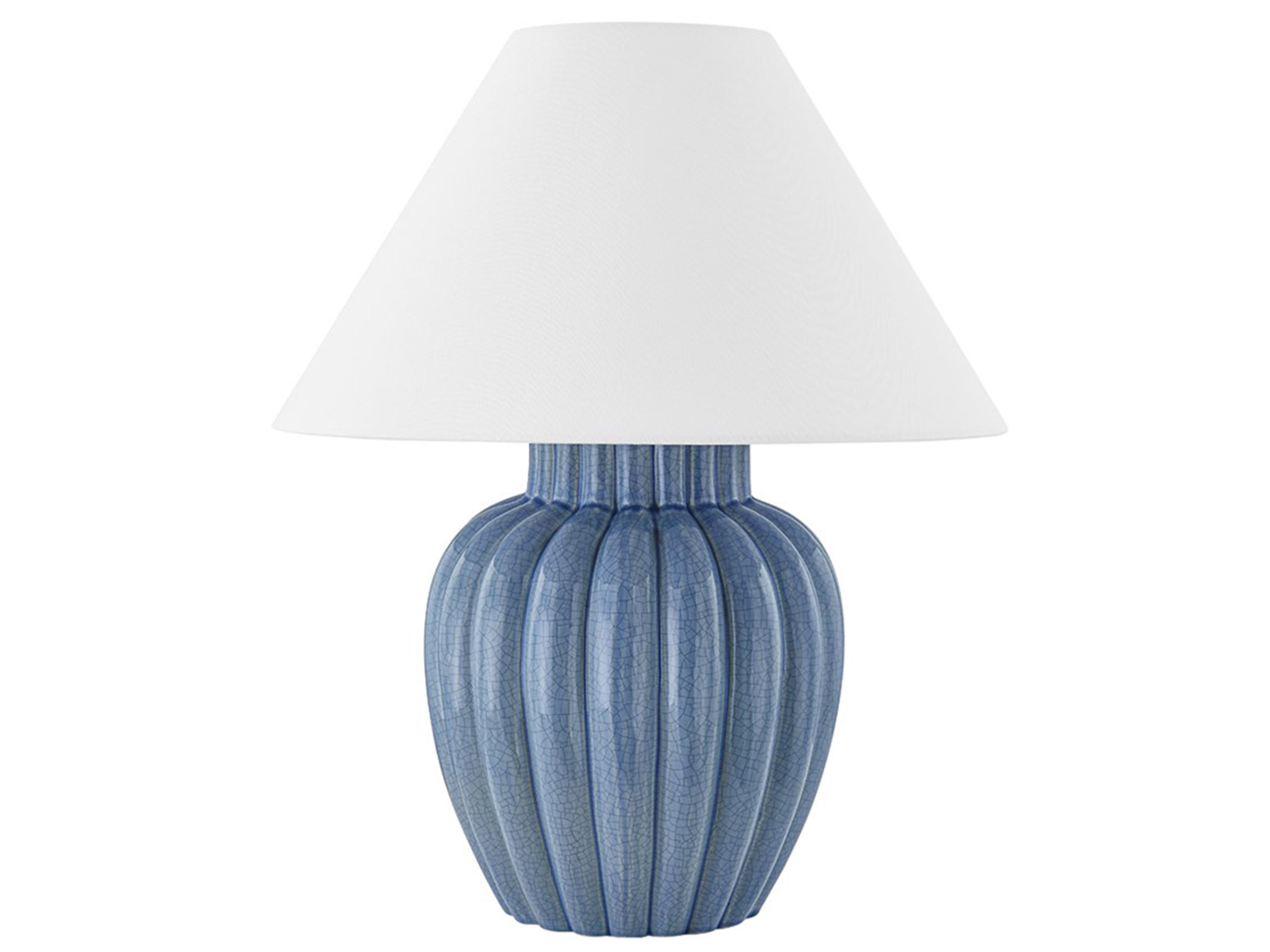 Mitzi Clarendon Aged Brass White Linen Blue Table Lamp