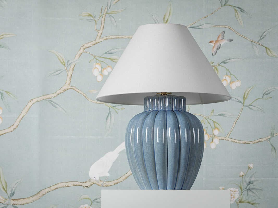 Mitzi Clarendon Aged Brass White Linen Blue Table Lamp