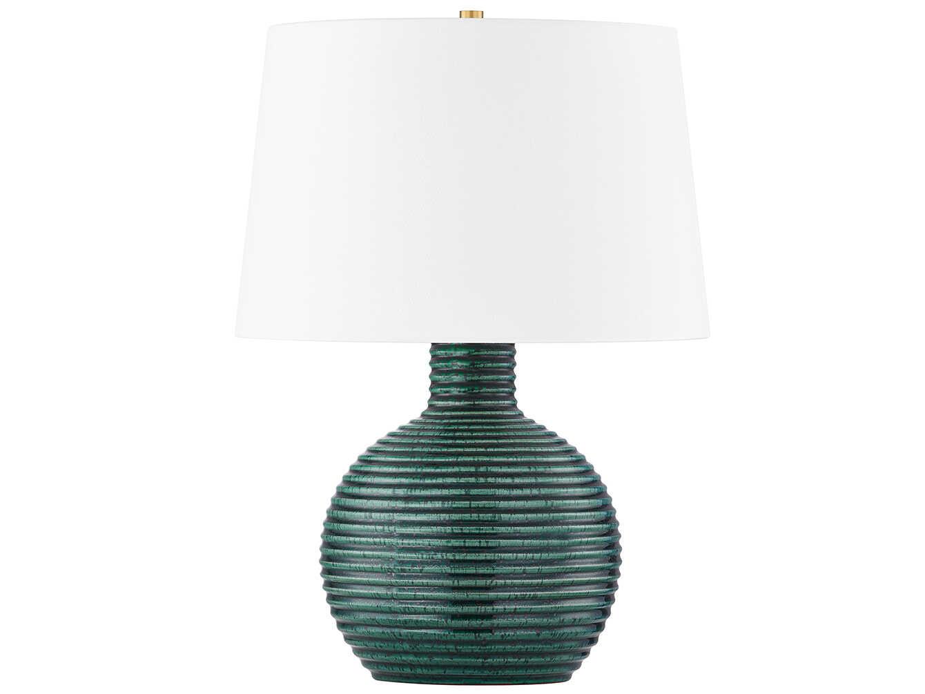 Mitzi Sara Aged Brass White Linen Green Table Lamp