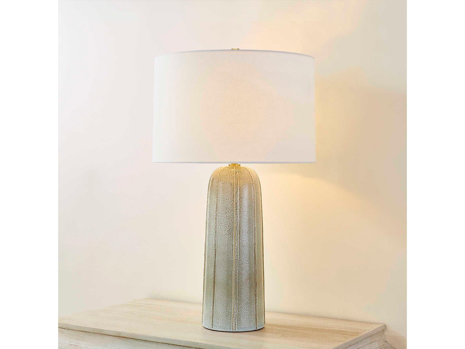 Mitzi Kel Aged Brass Ceramic Reactive Ash White Linen Gray Buffet Lamp