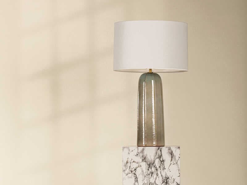 Mitzi Kel Aged Brass Ceramic Reactive Ash White Linen Gray Buffet Lamp