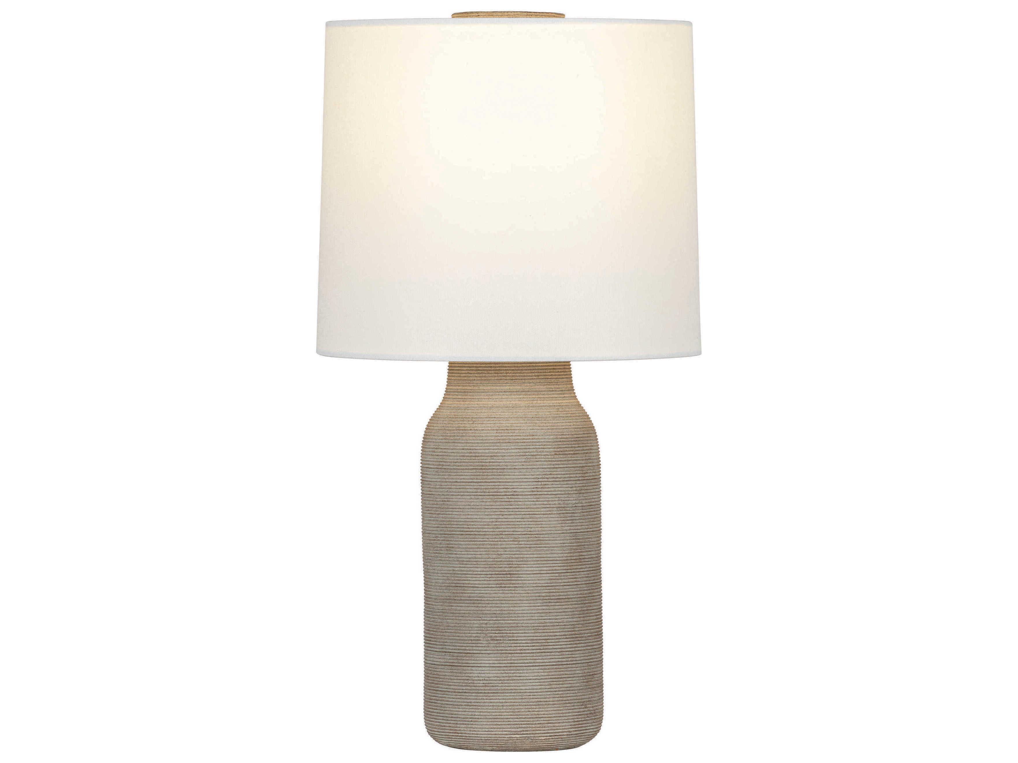 Mitzi Stassi Aged Brass Ceramic Stria Terra White Linen Fabric Gray Buffet Lamp