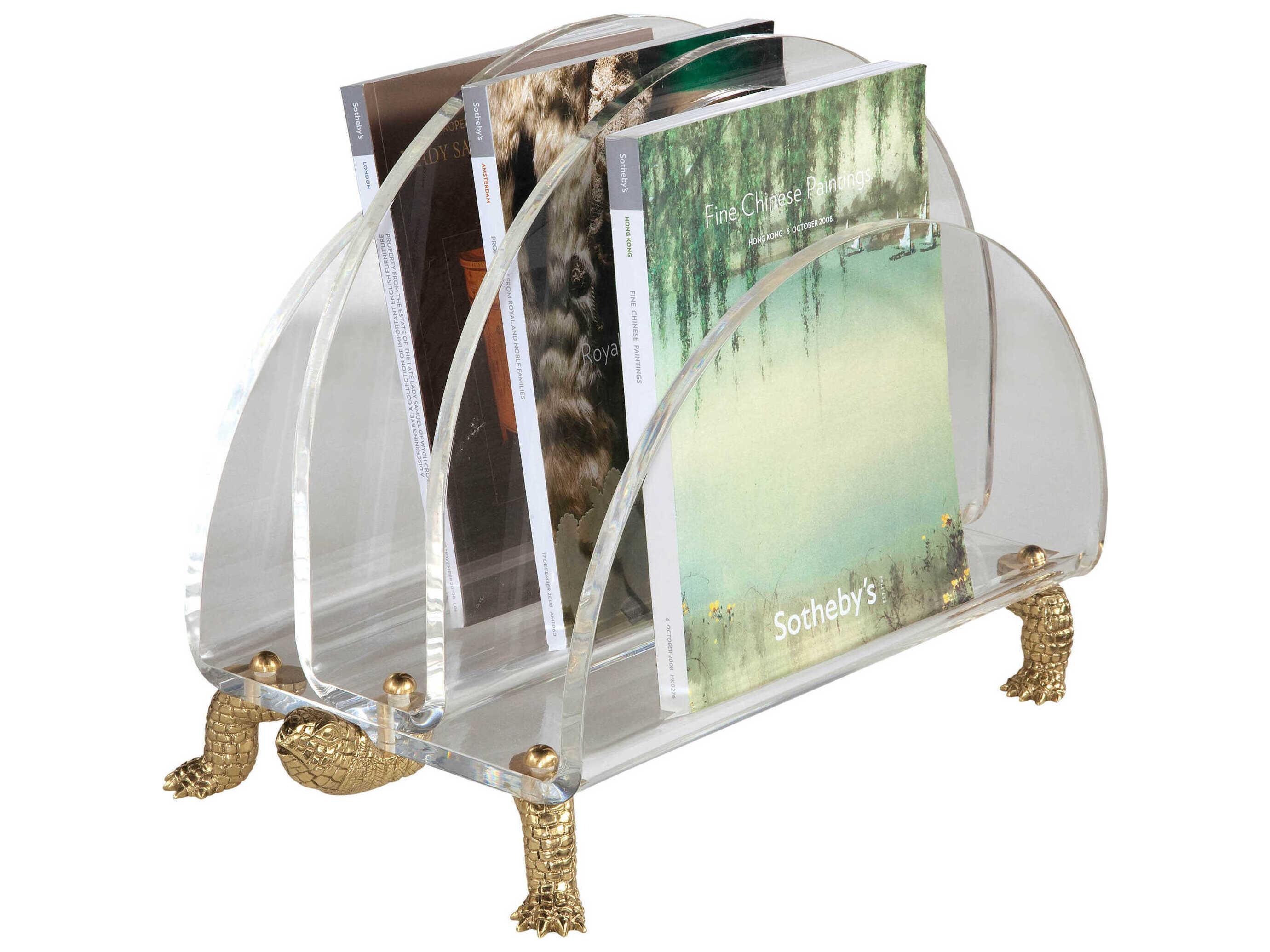 Maitland Smith Clear Acrylic / Polished Brass Tortoise Magazine Rack