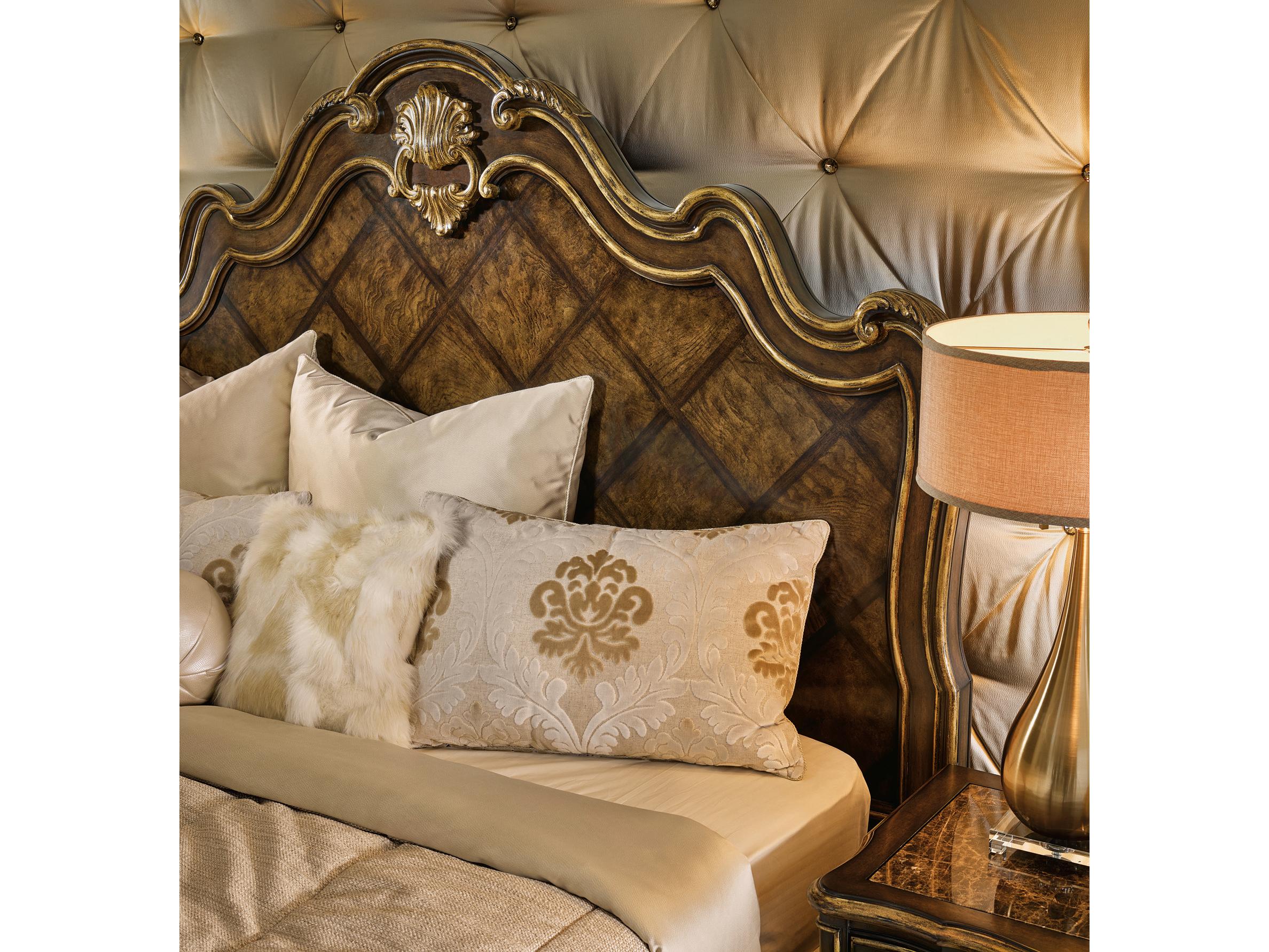 Maitland Smith Aria Aged Gold Brown Ash Wood King Panel Bed